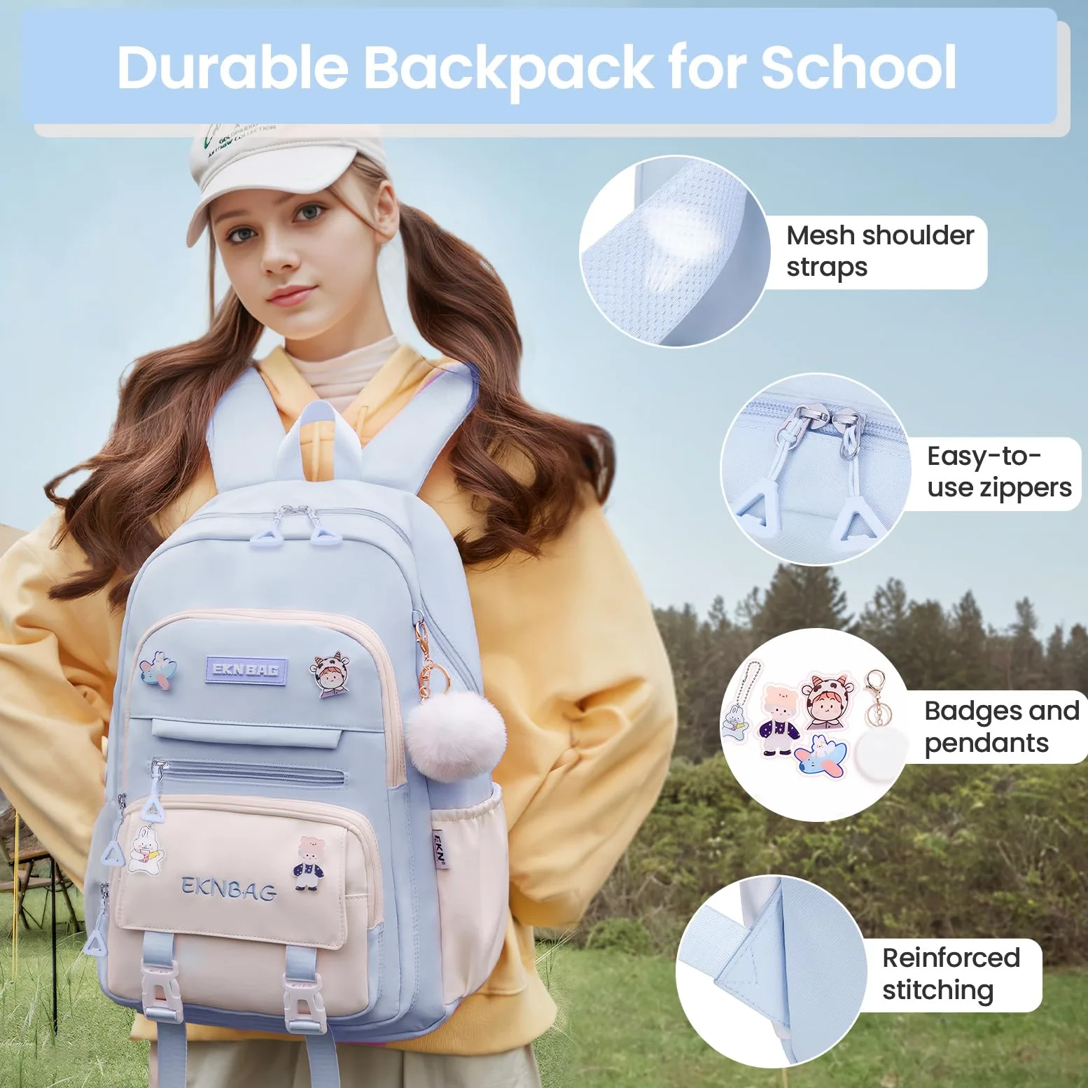 Tanou Cartable Fille Primaire, 20 Litres Sac a Dos College Fille Cartable Kawaii avec Pendentif, Léger Sac Ecole Primaire pour Enfants de 7 à 14 ans
