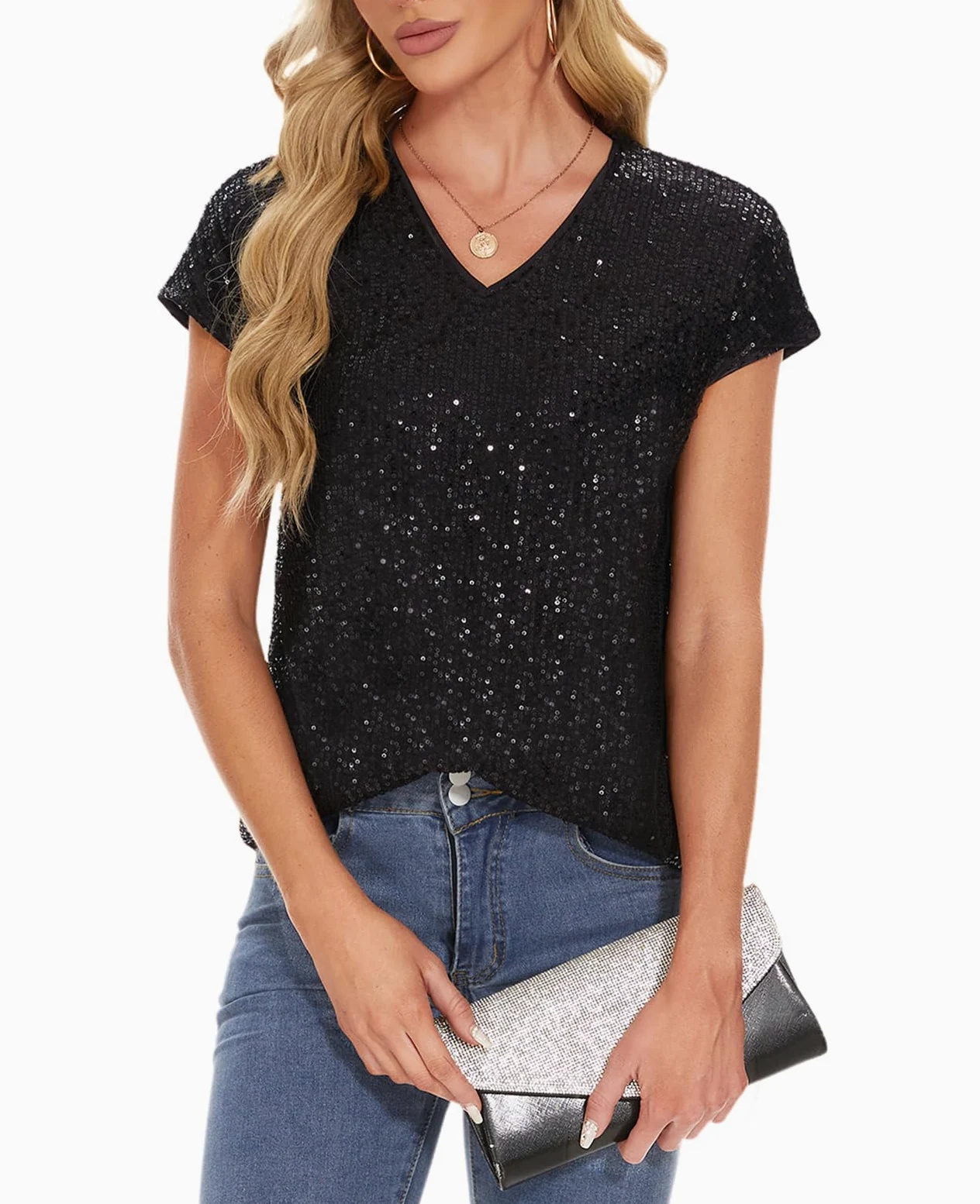 MINTLIMIT Haut pour femme à paillettes et à glissière, manches courtes, col en V, T-shirt, blouse, manches à capuchon, décontracté, fête, festival, club, b-noir, S