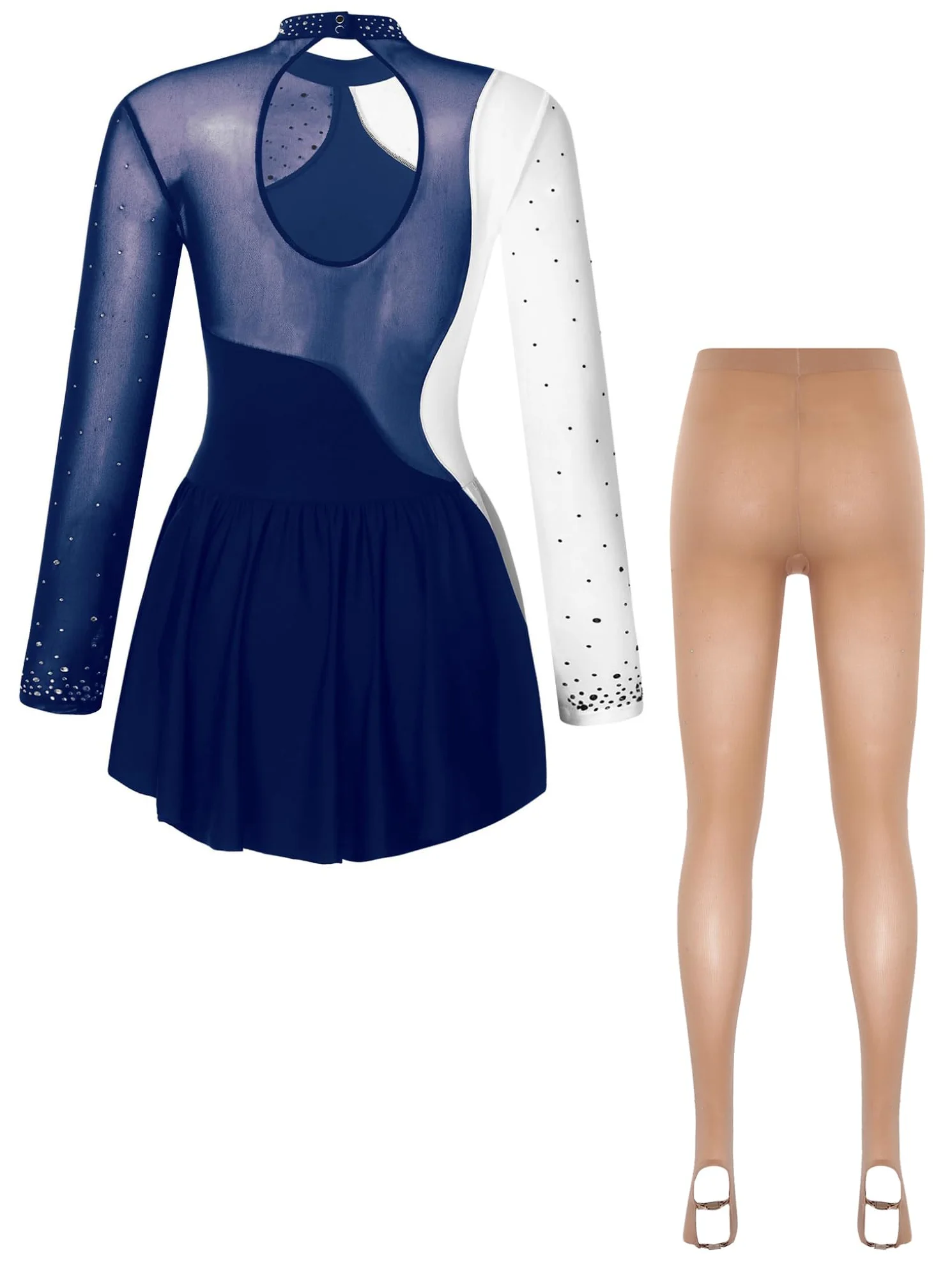Oyolan Femme Robe et Collant Patinage Artistique Patin Justaucorps Robe Manches Longues Strass