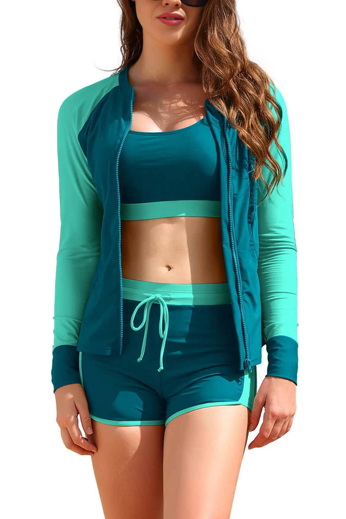 SHEKINI Rash Guard Set 3 Pièces Femme Haut de Maillot de Bain Rashguard Manches Longues Zippé+Brassiere+Shorts de Sport pour Surf Séchage Rapide