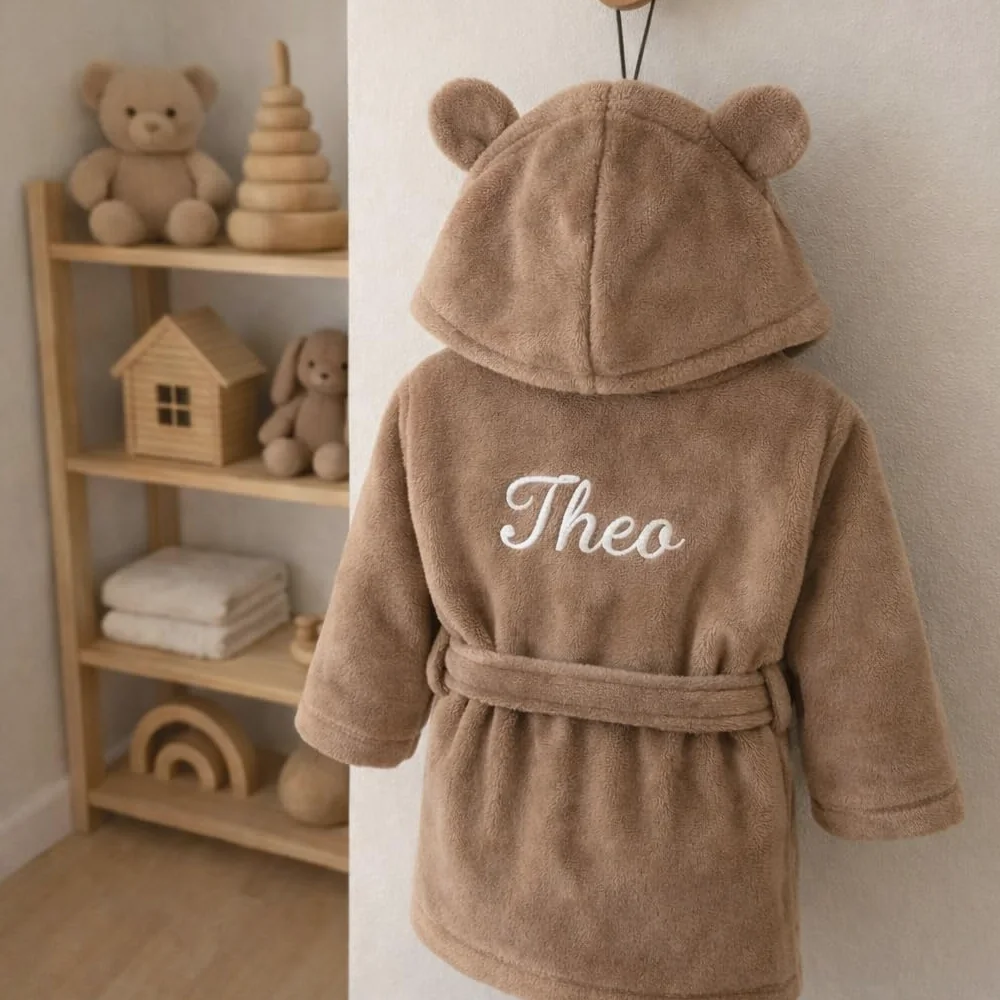 Générique Peignoir Enfant personnalisé avec prénom brodé – Marron avec Capuche à Oreilles – Cadeau Naissance ou Anniversaire – De 2 à 6 Ans (Marron)