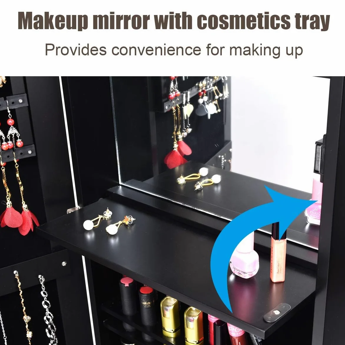 GOPLUS 2 en 1 Armoire à Bijoux avec Miroir, Organisateur de Bijoux Mural avec Lumières LED Automatiques, Armoire de Rangement Cosmétiques Verrouillable pour Chambre, Vestiaire (Noir)