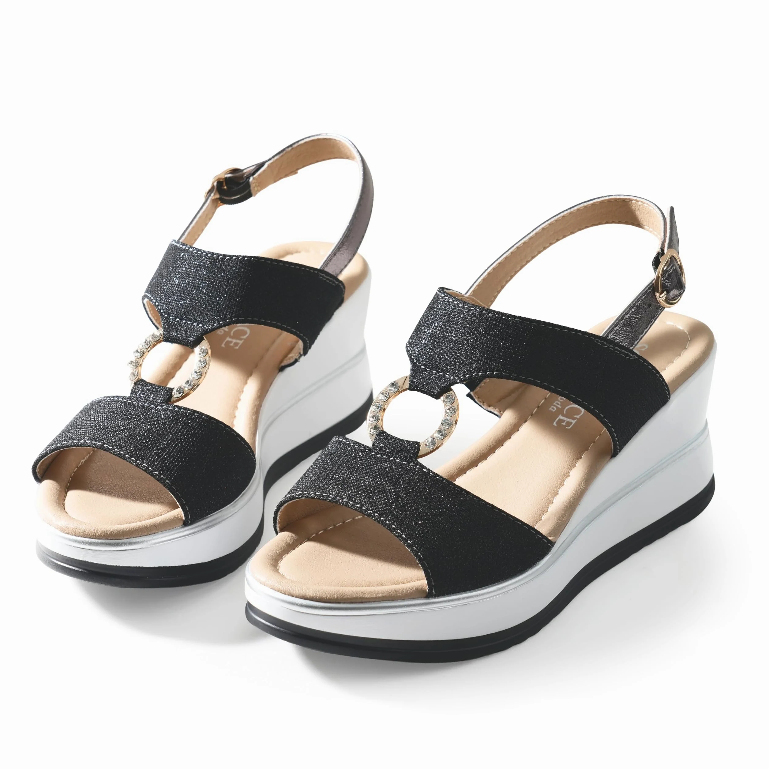 JOMIX Sandales Femme Élégantes avec Compensée 7 cm Tissu Brillant et Détail Bijou avec Anneau Strass Bride Réglable Semelle Confort Amortissante Antidérapante Chaussures Été Casual Chic