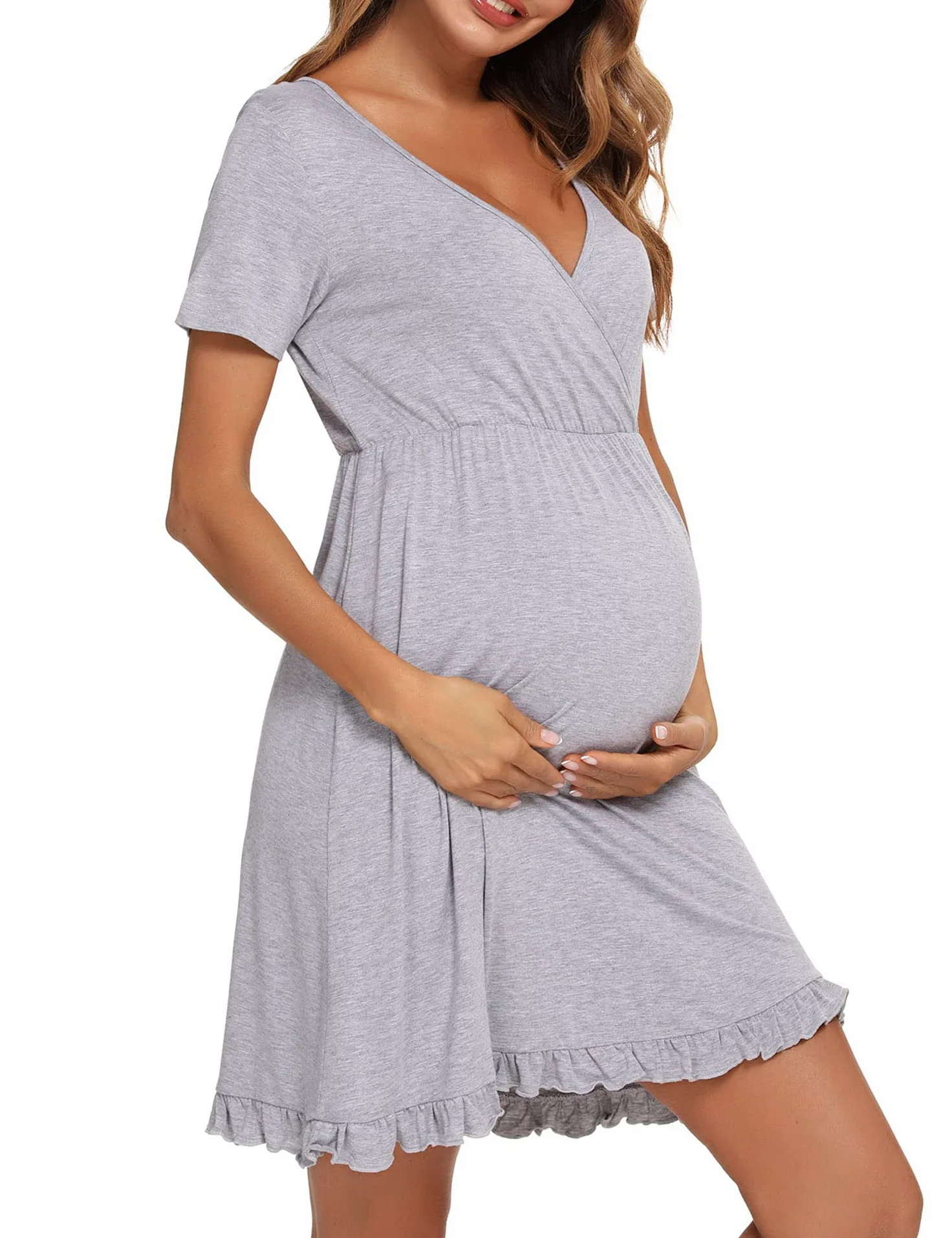 Doaraha Chemise de Nuit Femme Coton Allaitement Maternité Robe Grossessee Manche Courte Col V Doux Pratique et Confortable Grande Taille S-XXL