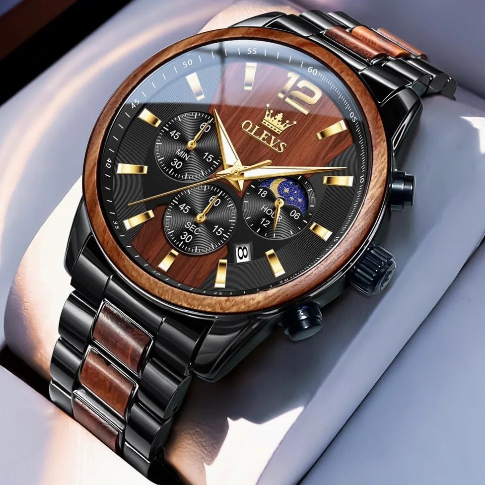 OLEVS Montre chronographe Homme à Quartz Japonais : Bracelet en Bois Massif ou Acier Inoxydable, étanche, Classique et élégante - Cadeau Parfait pour Homme