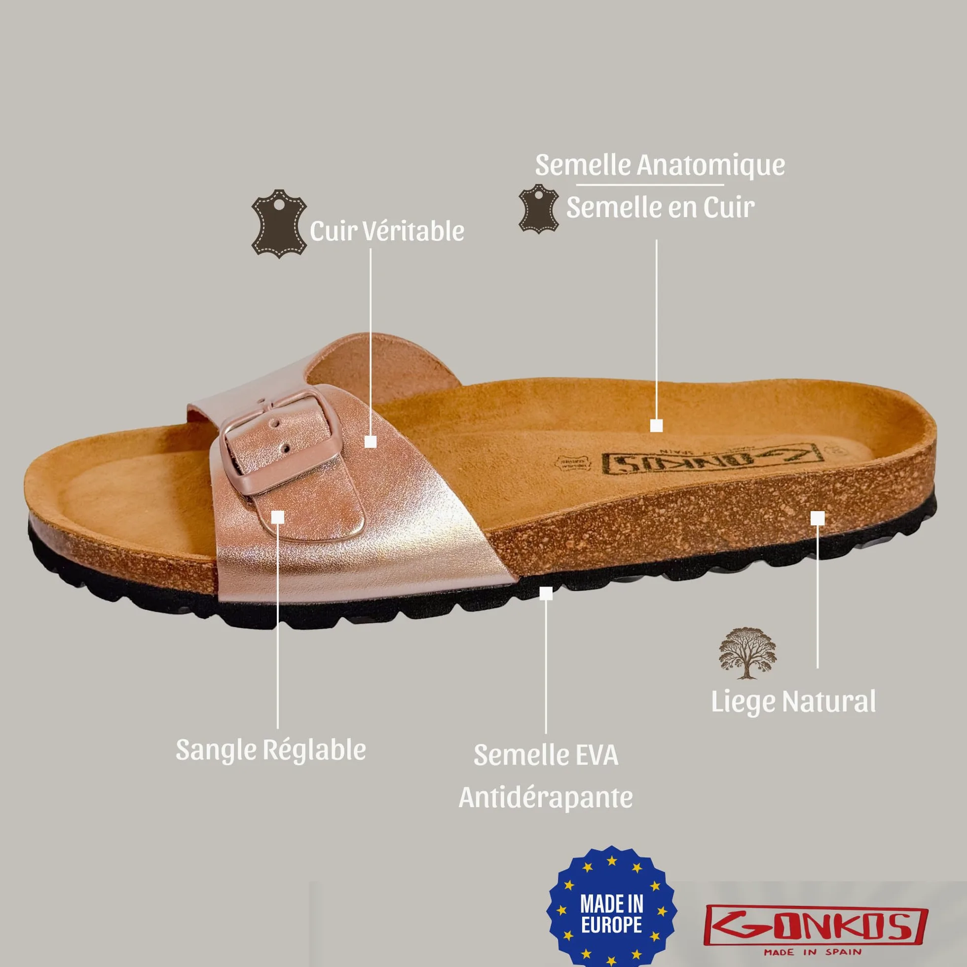 Sandales en Cuir avec Semelle en Liège, Mules Femme Cuir Véritable, Liège Naturel, Boucle Réglable, Semelle EVA Antidérapante, Sandales de Qualité Fabriquées en Espagne