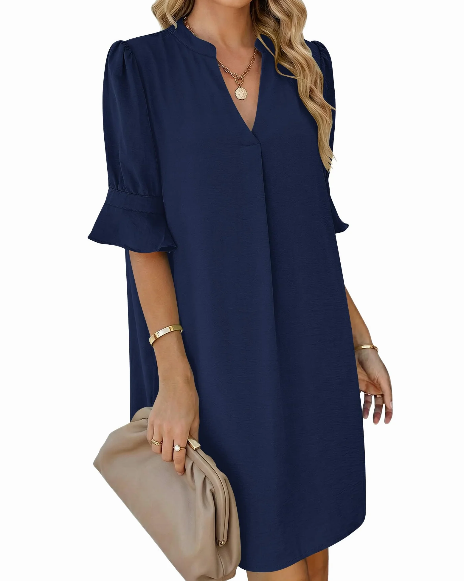 AUSELILY Robe Femme Chic et Elegant décontractée Robe Chemise à Manches Courtes et col en V Ample Robes Femme ete avec Poches
