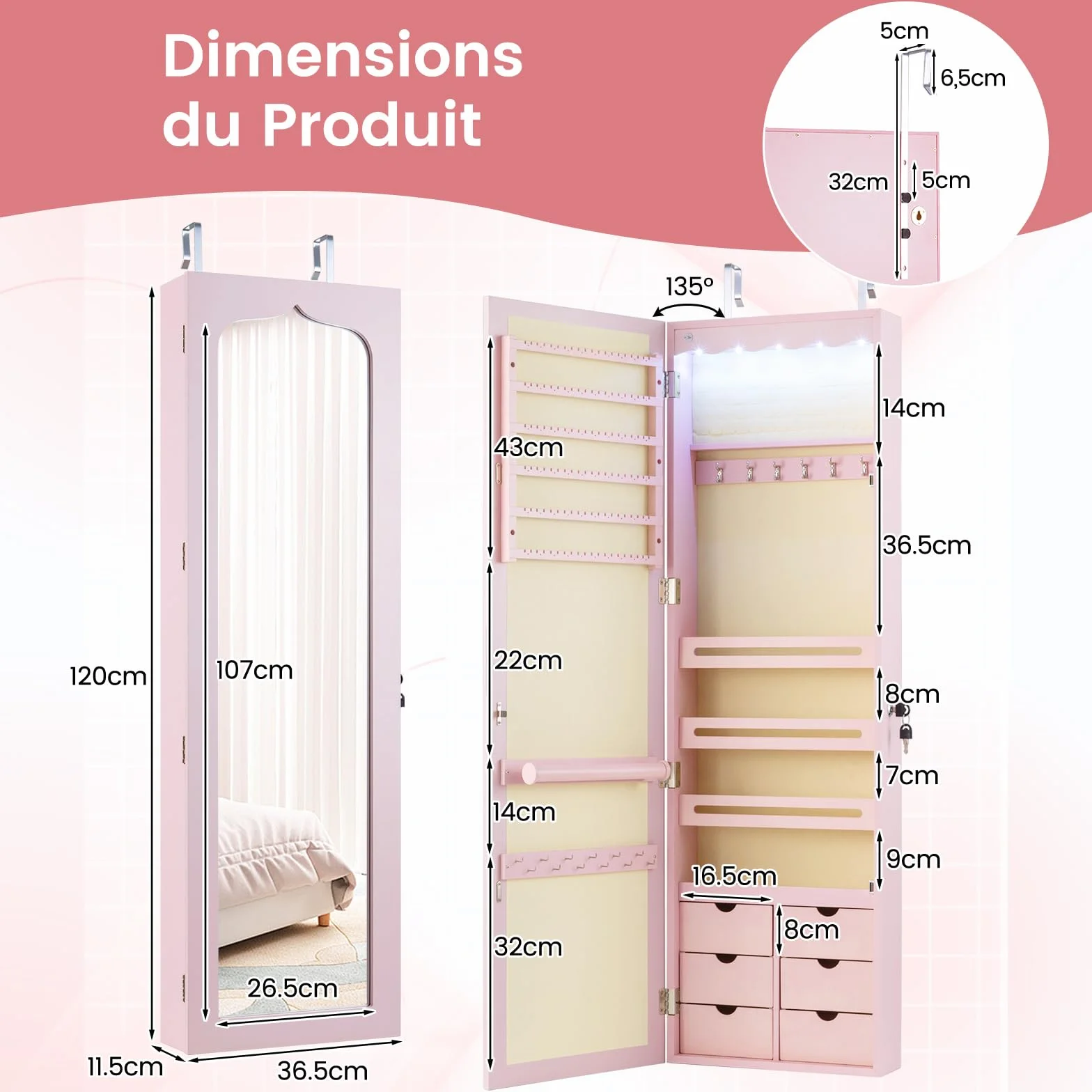 RELAX4LIFE Armoire à Bijoux Murale avec Miroir, 5 Lumières Automatiques, Miroir Rangement Bijoux avec 6 Tiroirs pour Boucles d'Oreilles Colliers Cosmétiques (Rose | Tiroir en MDF)