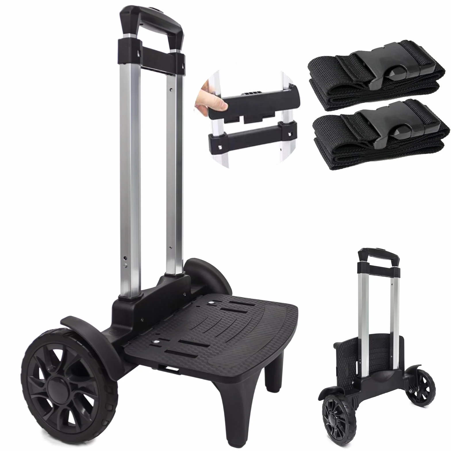 Chariot à dos pliable en alliage d'aluminium avec 2 grandes roues de réservoir, chariot à main pliable avec sangles à bagages pour sacs, sacs à déjeuner, sacs de golf, adolescents, adultes, école