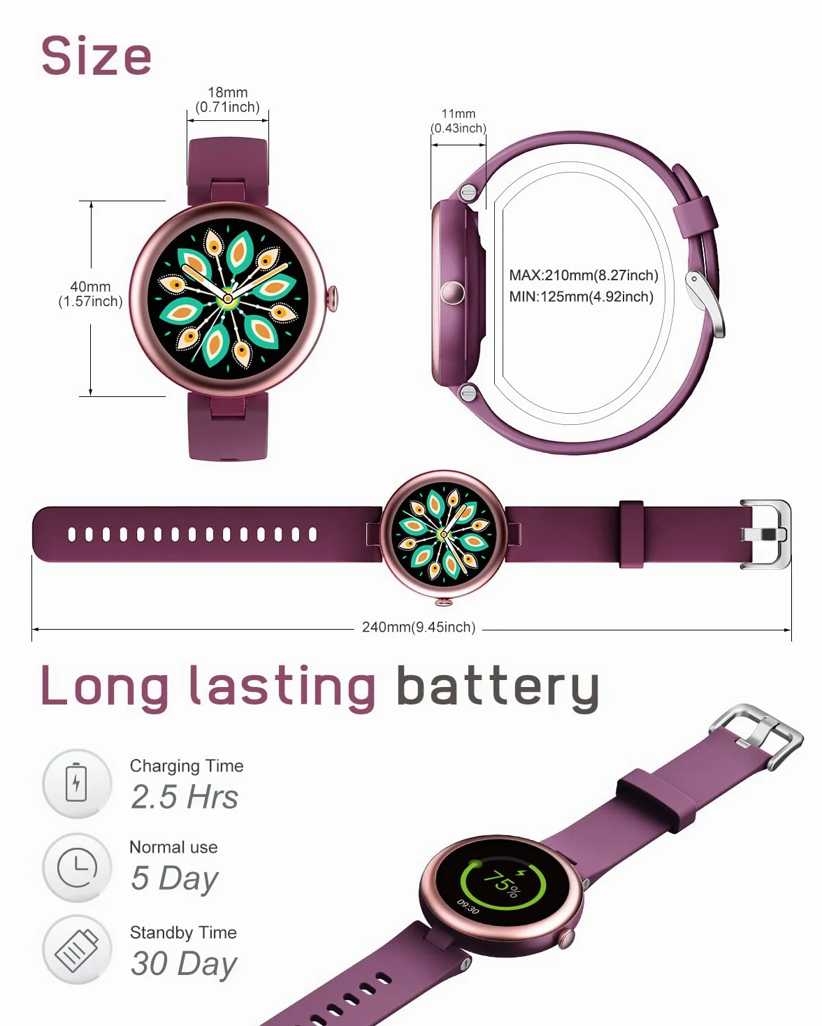 Lynn Montre Connectée Femme Petite Cadran 1.09 Pouce Ronde Elegante Sport Waterproof Frequence Cardiaque SpO2 Fond d Écran Personnalisé Compatible iPhone Samsung Xiaomi Huawei Violet