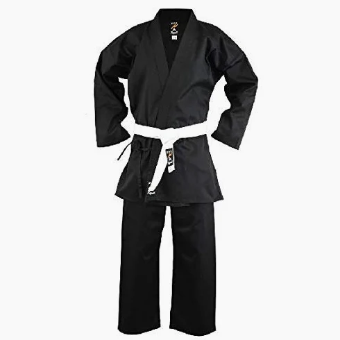 Playwell Karaté Noir 100% Coton Poids Moyen 8oz Uniforme (Gratuit Ceinture Blanche) - Neuf