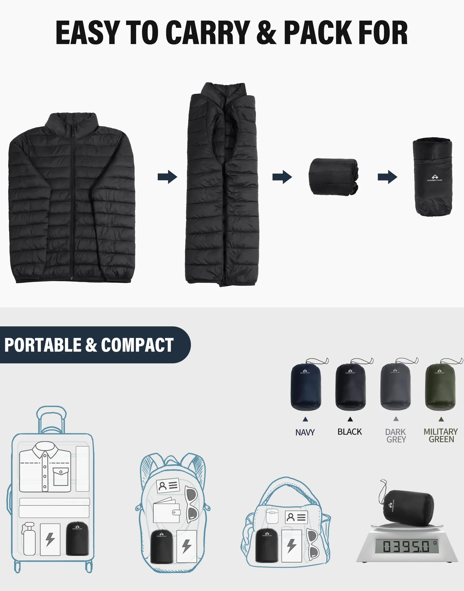Pioneer Camp Veste matelassée homme - Veste de transition légère et chaude style doudoune, imperméable et coupe-vent, manteau d'hiver avec 4 poches, pliable pour loisirs, randonnée et voyage