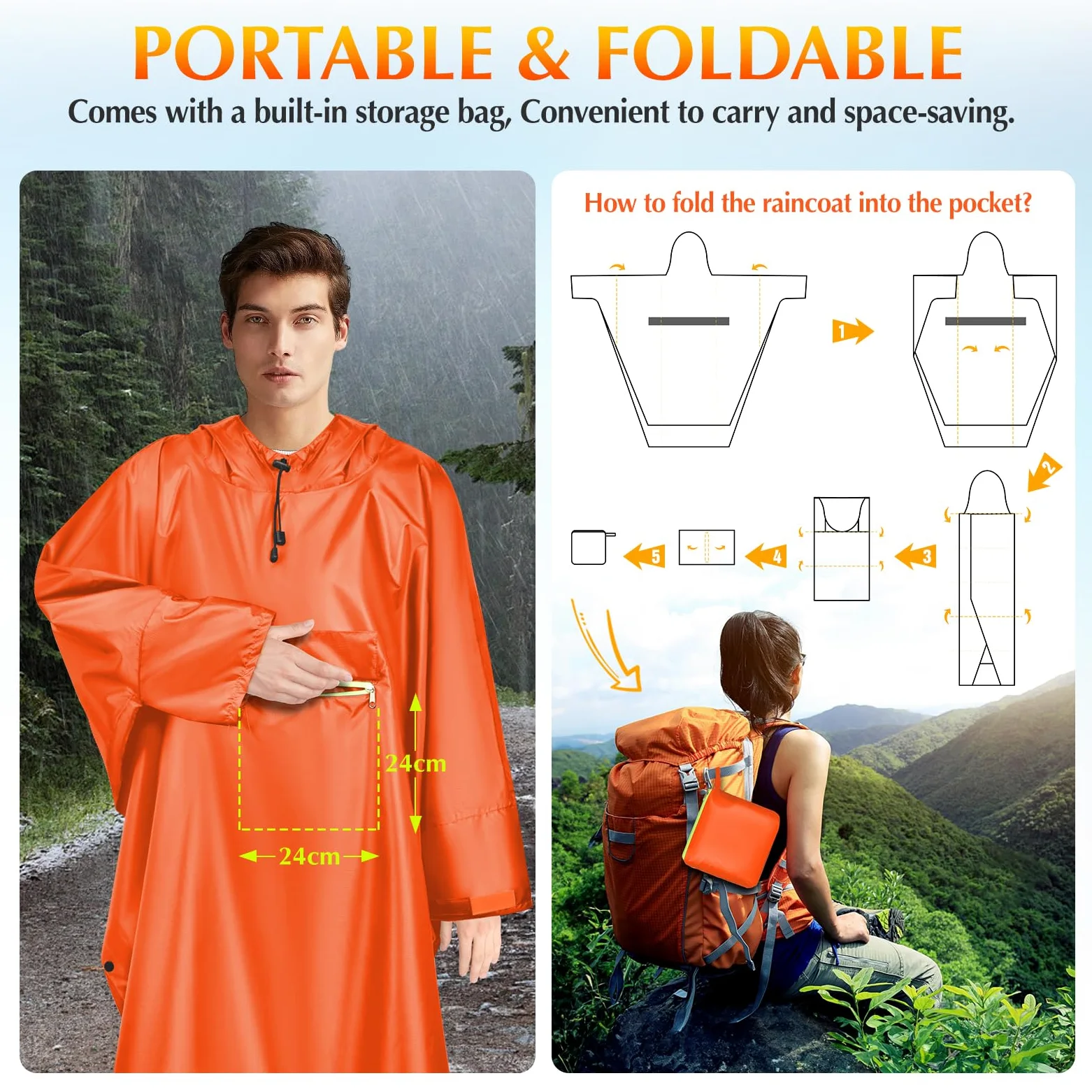 Veste de pluie imperméable pour femme, unisexe, légère, imperméable multi-usage pour l'extérieur, le camping, la randonnée et la pêche, orange, Taille Unique