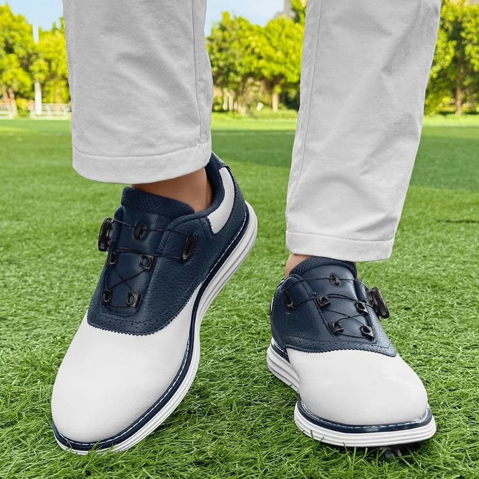 SDEQA Chaussures de Golf en Cuir pour Hommes avec 9 Crampons, Baskets d'extérieur imperméables, Grande Taille