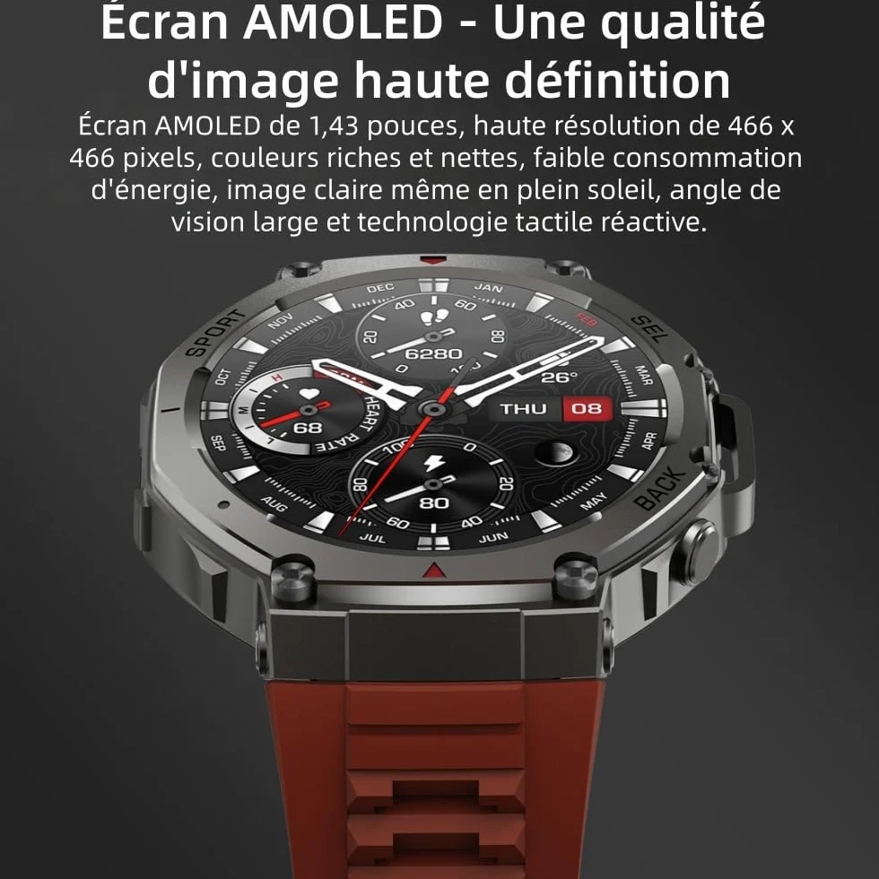 MEIION Mivrass GPS Sports Smartwatch Homme Femme 1.43" Écran Tacile - Appel Bluetooth, Cardiofréquence, Analyse Sommeil, 170+ Modes Sport, Sangle Silicone Souple et Résistante