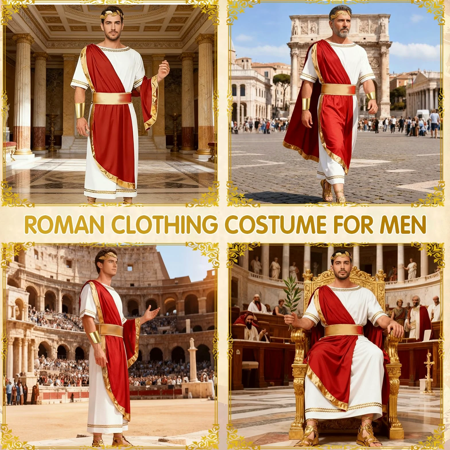 Costume Romain pour Homme, Costume de Dieu Grec pour Homme avec Toge Romain, Bandeau, Bandoulière, Déguisements de Carnaval pour Adultes, Costume Romain pour Fêtes Carnaval Halloween