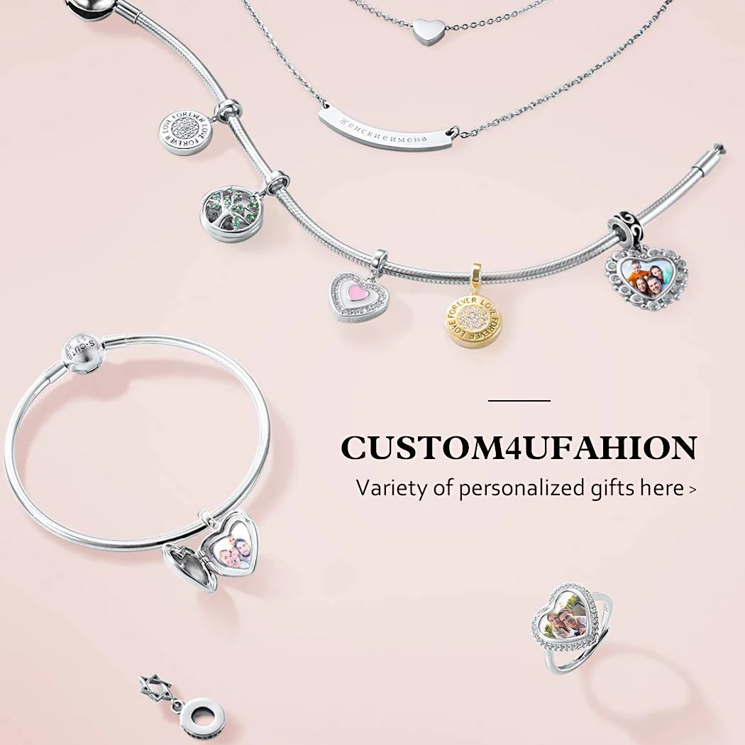 Custom4U Charme Coeur Personnalisable Charm Argent avec Photo Gravé Breloque pour Bracelet Bijoux Cadeau Personnalisé Maman Fille