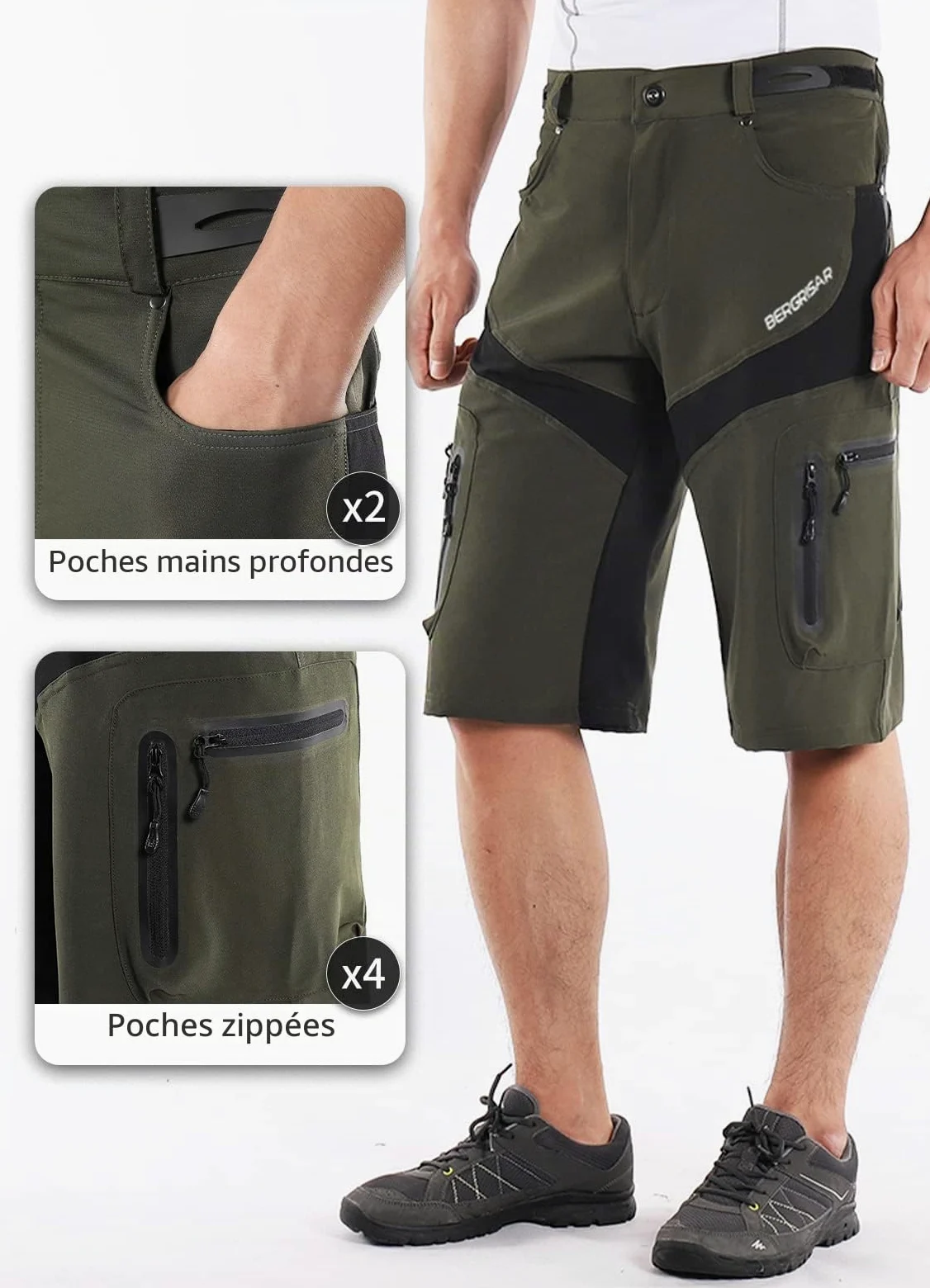 BERGRISAR Short de cyclisme pour homme avec poches zippées 1806BG