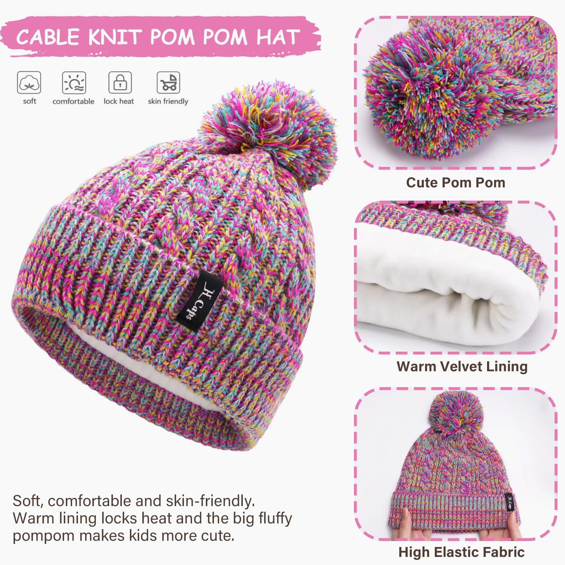 Enfant Fille Garçons Hiver Chapeau Bonnet Echarpe Écran Tactile Gants Set 3-6-12 Ans Tricot Pom Bonnets Casquette Cache Cou Gant Cadeaux pour Filles Garçons