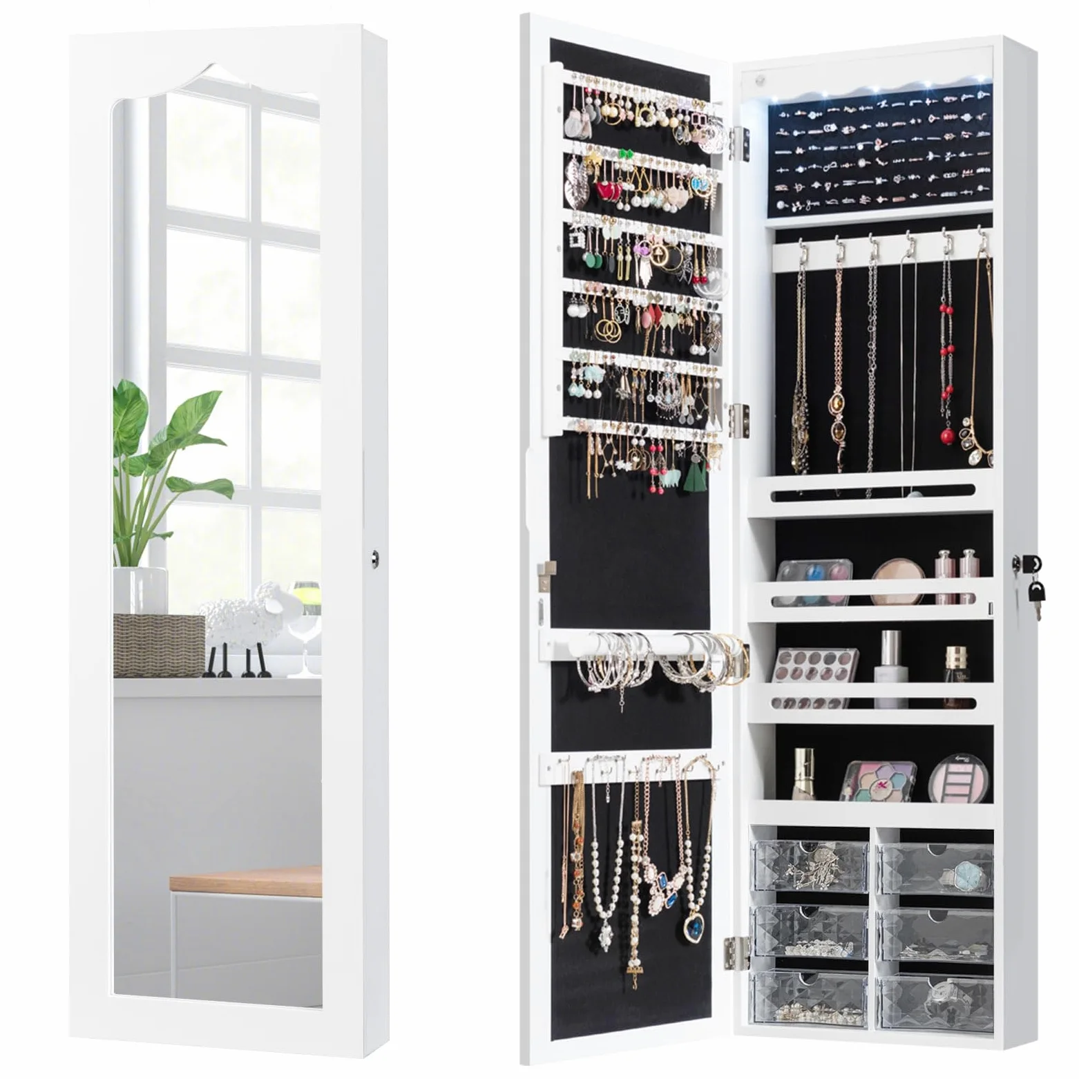 GOPLUS Armoire à Bijoux Mural avec Miroir et Lumière LED, Armoire de Rangement Mural, Accrochée à la Porte avec Serrure, Meuble de Rangement, Miror Porte-Bijoux 120 x 36,5 x 11,5CM, Blanc