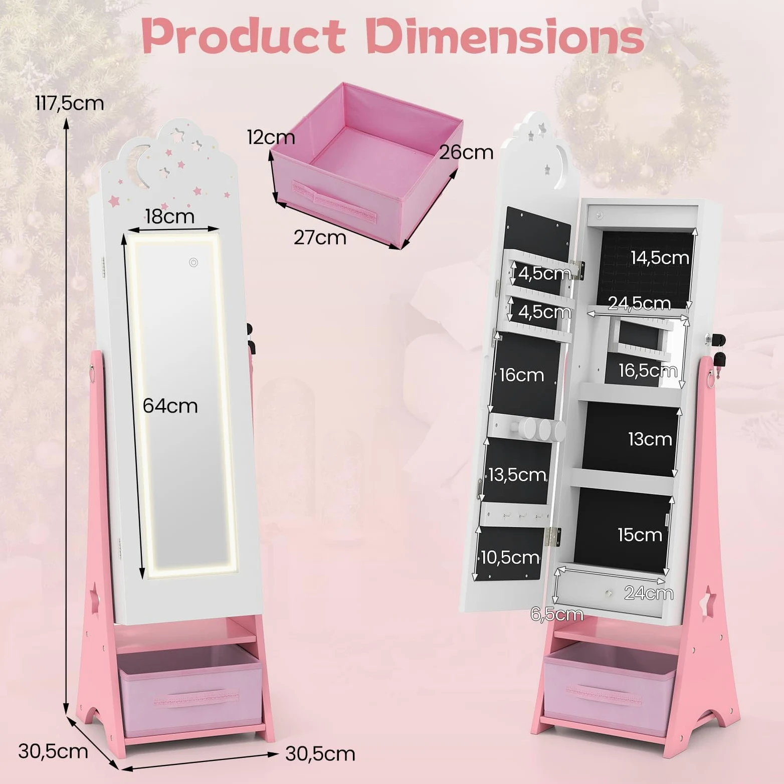 FANTASK Armoire à bijoux pour enfants - Armoire miroir avec éclairage LED et miroir complet - Verrouillable - Organiseur de bijoux inclinable avec miroir intérieur et tiroirs - Pour chambre d'enfant