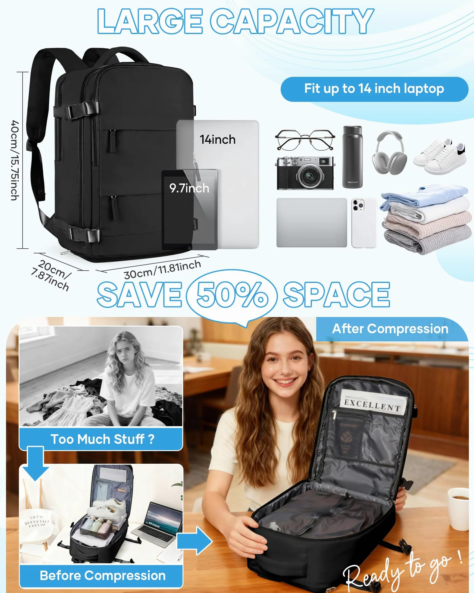 Sac à Dos Sous Vide Voyage 40x30x20 avec Pompe Bagage Cabine Ryanair Wizz Air Easyjet Ordinateur Portable 14 Pouces