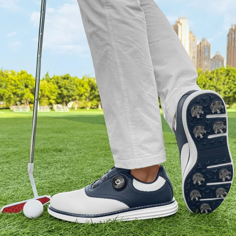 SDEQA Chaussures de Golf en Cuir pour Hommes avec 9 Crampons, Baskets d'extérieur imperméables, Grande Taille