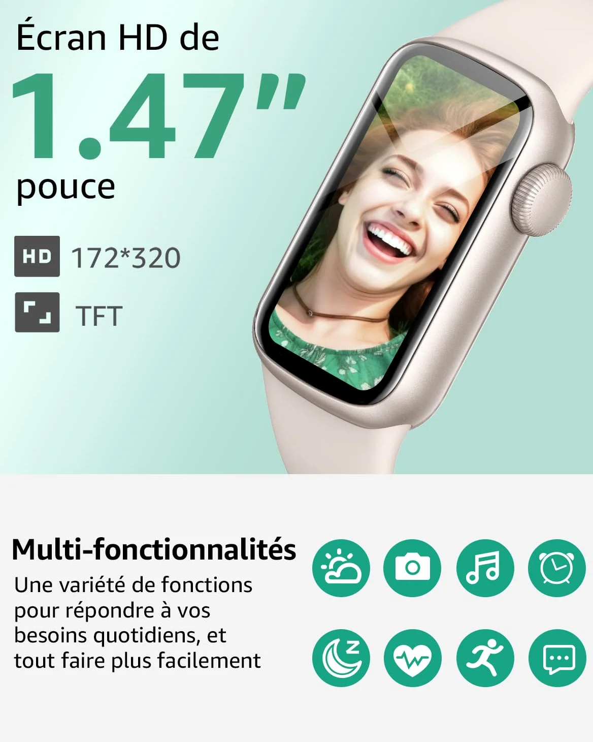 Montre Connectée Femme Homme, 1,47'' Smartwatch avec 137+ Modes Sportifs, Fitness Tracker avec Cardiofréquencemètre, Sommeil, Podomètre, IP68, Montre Intelligente pour Android iOS Galaxie