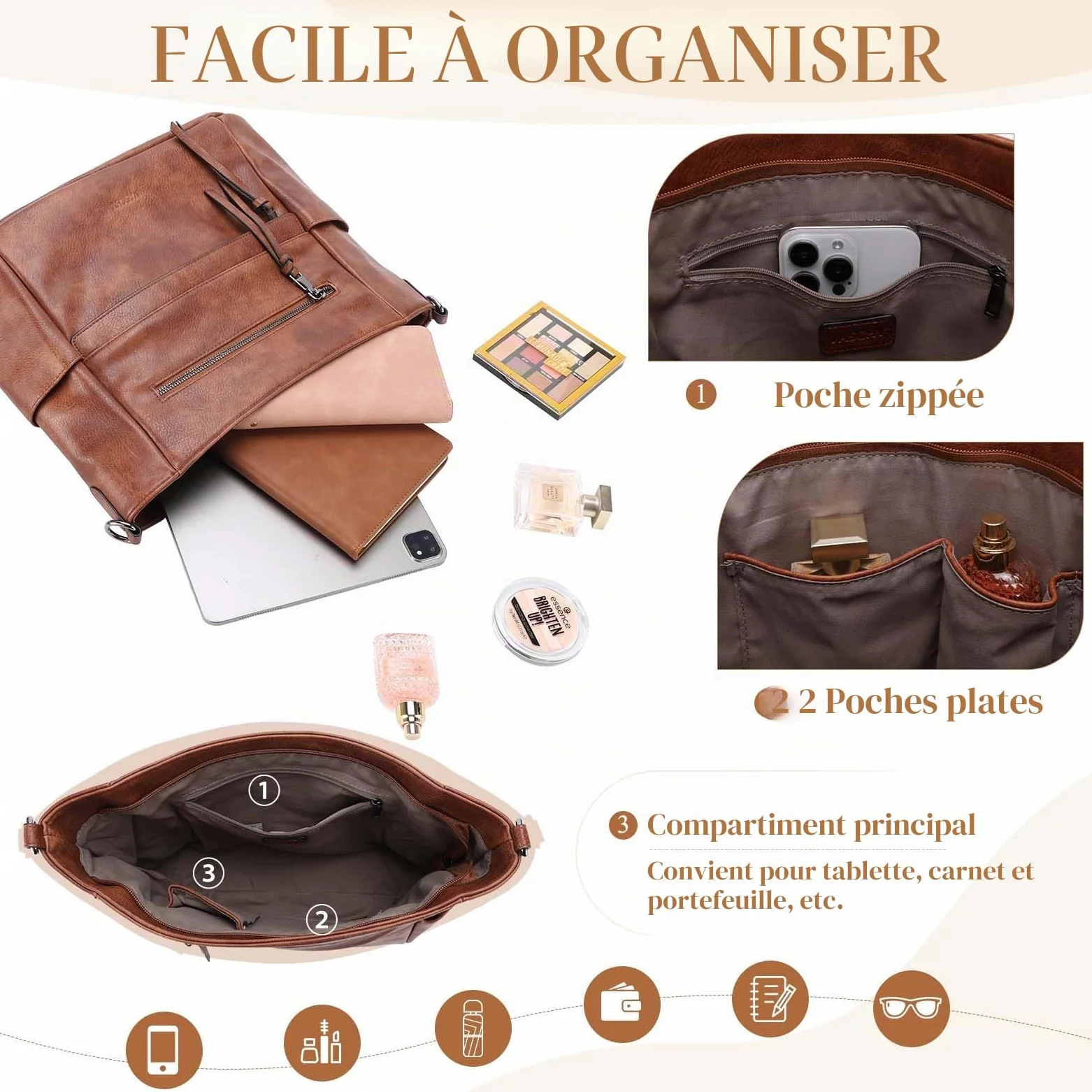 VASCHY Sac à Main Hobo Femme, Sac Bandoulière Femme Cuir PU Grande - Sacs à Main Portés Épaule/Portés Main avec Portefeuille pour Shopping, Travail et Voyage