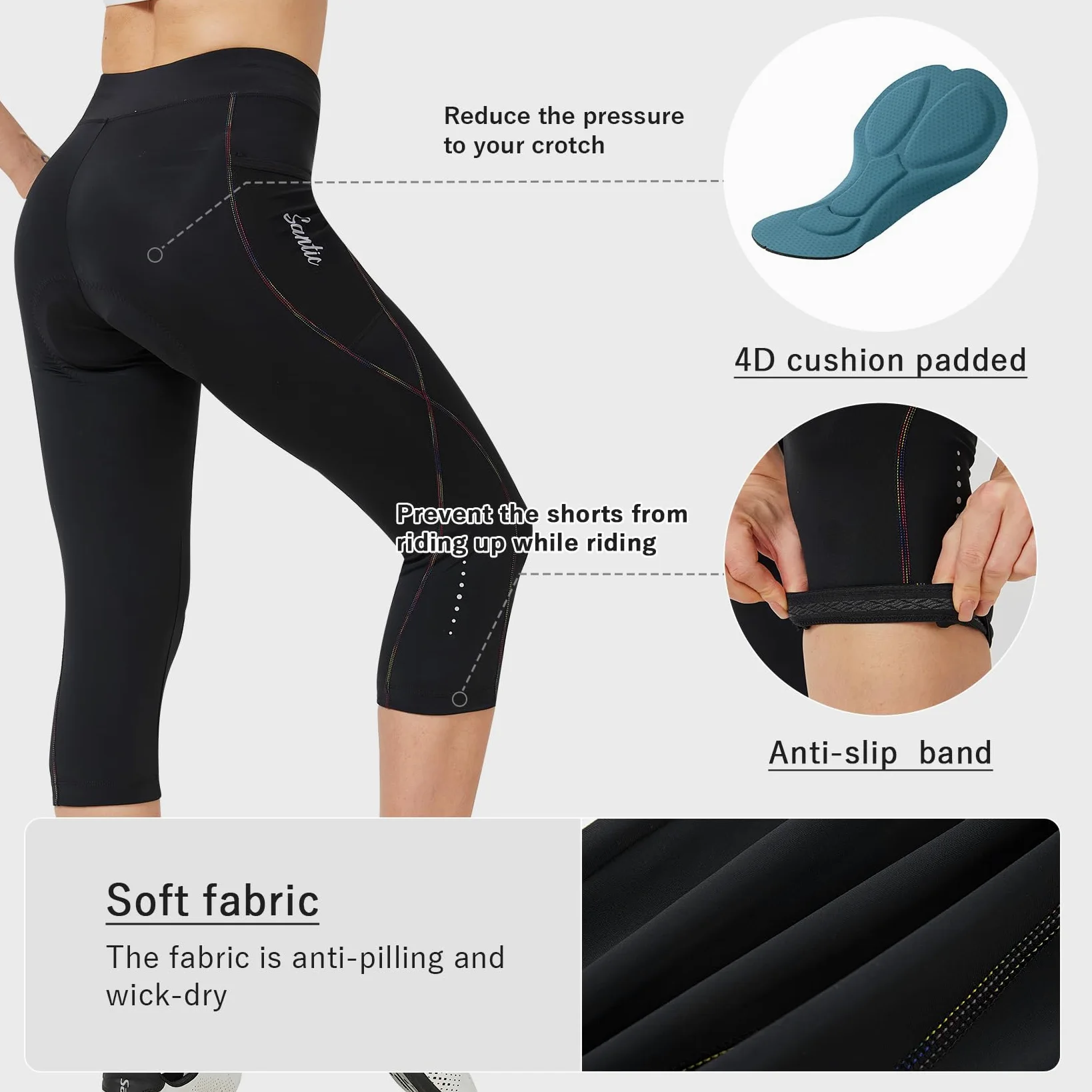 Santic Short de Cyclisme pour Femme - Short de Cyclisme rembourré 3/4 - Ao Dai