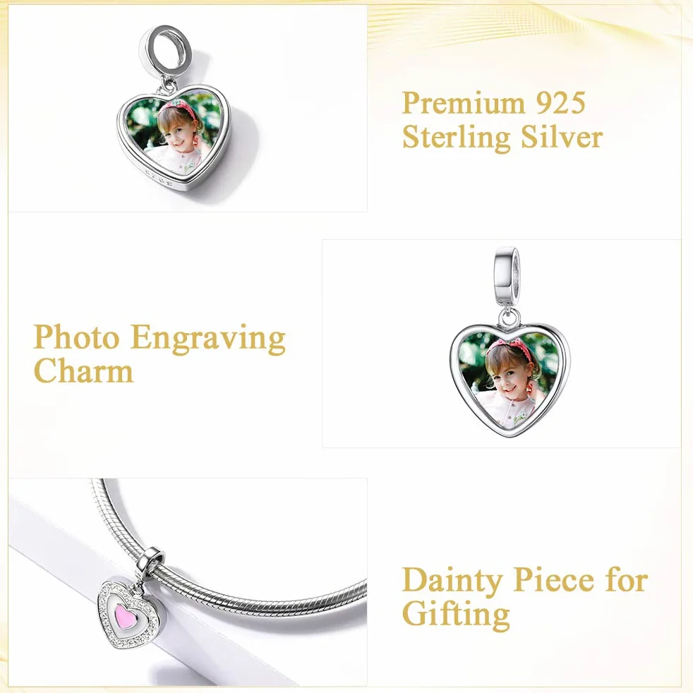 Custom4U Charme Coeur Personnalisable Charm Argent avec Photo Gravé Breloque pour Bracelet Bijoux Cadeau Personnalisé Maman Fille