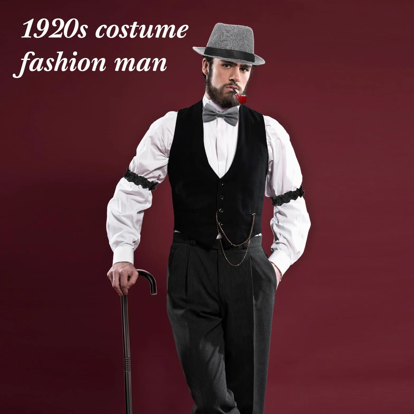 Hestya Tenue des Années 20 pour Homme avec Gilet Chapeau Fédora Bretelles Nœud Papillon Montre de Poche Vintage