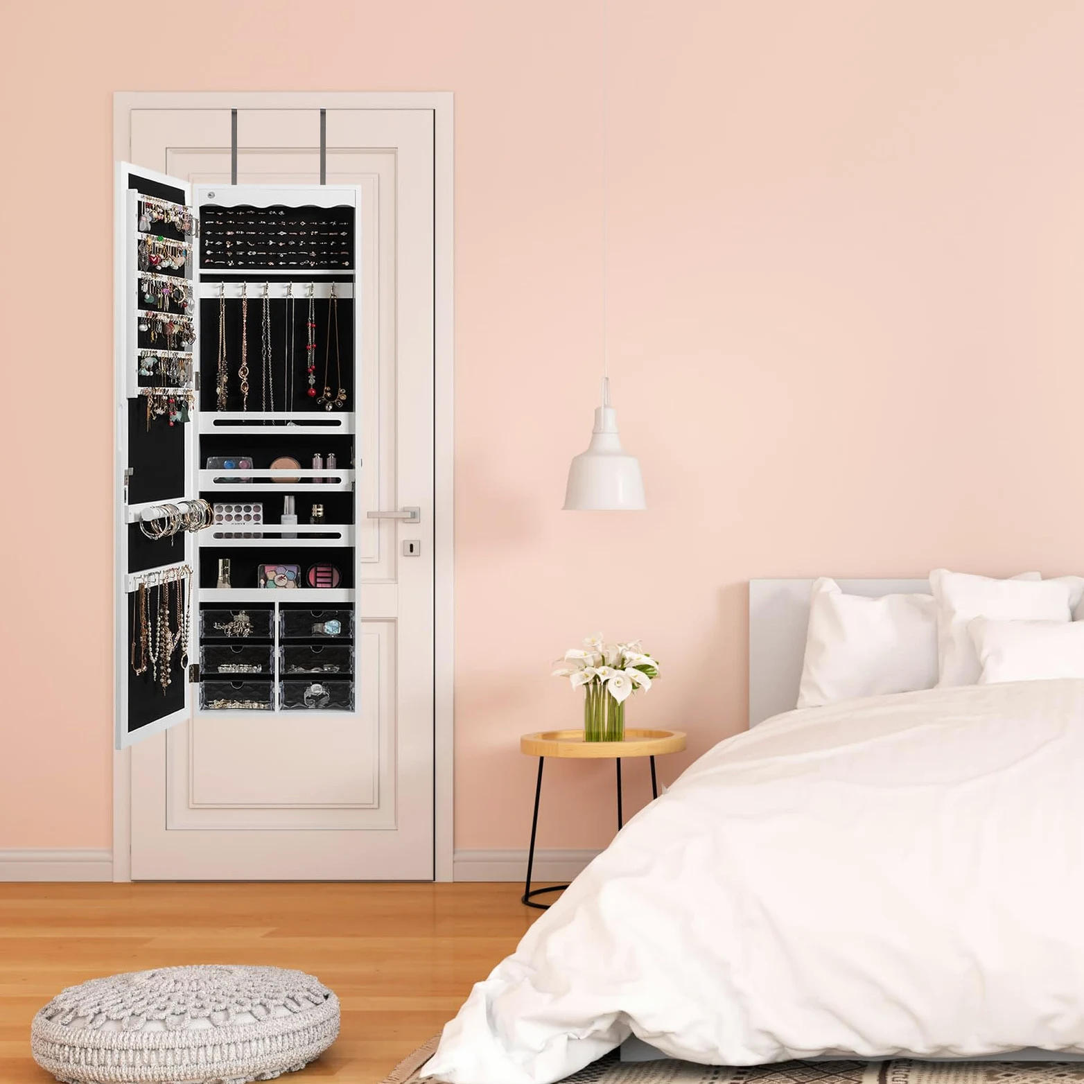 GOPLUS Armoire à Bijoux Mural avec Miroir et Lumière LED, Armoire de Rangement Mural, Accrochée à la Porte avec Serrure, Meuble de Rangement, Miror Porte-Bijoux 120 x 36,5 x 11,5CM, Blanc