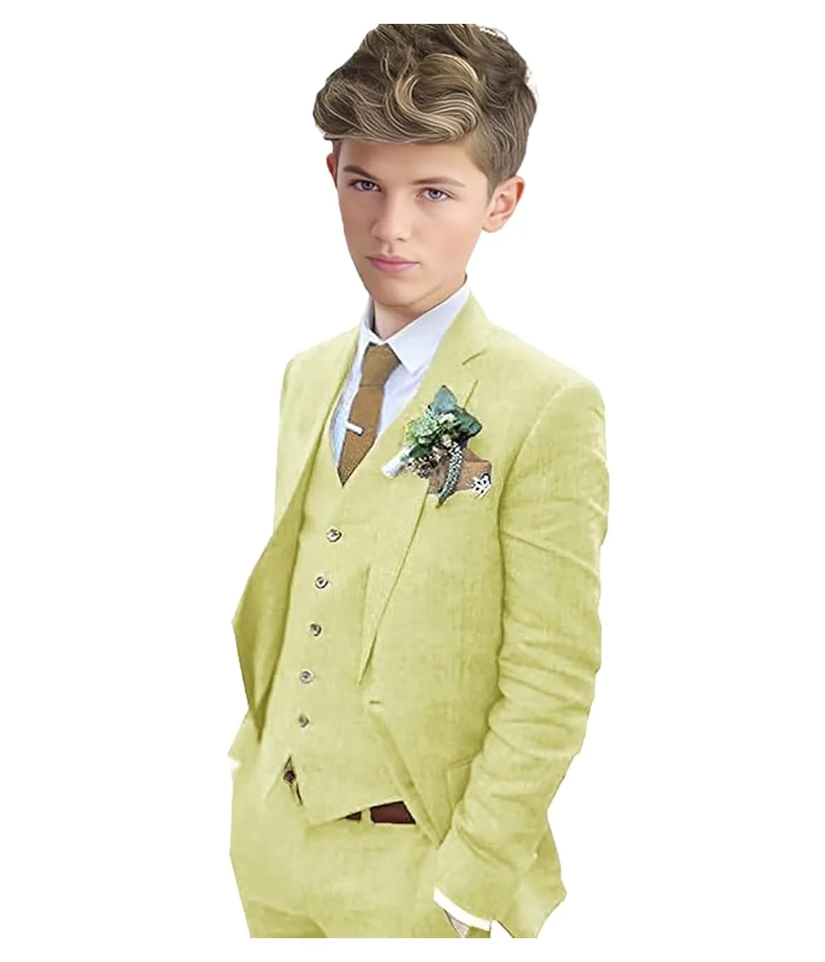 Costume 3 pièces en lin pour garçon, coupe ajustée, costume de mariage simple boutonnage avec étiquette de pointe, smoking