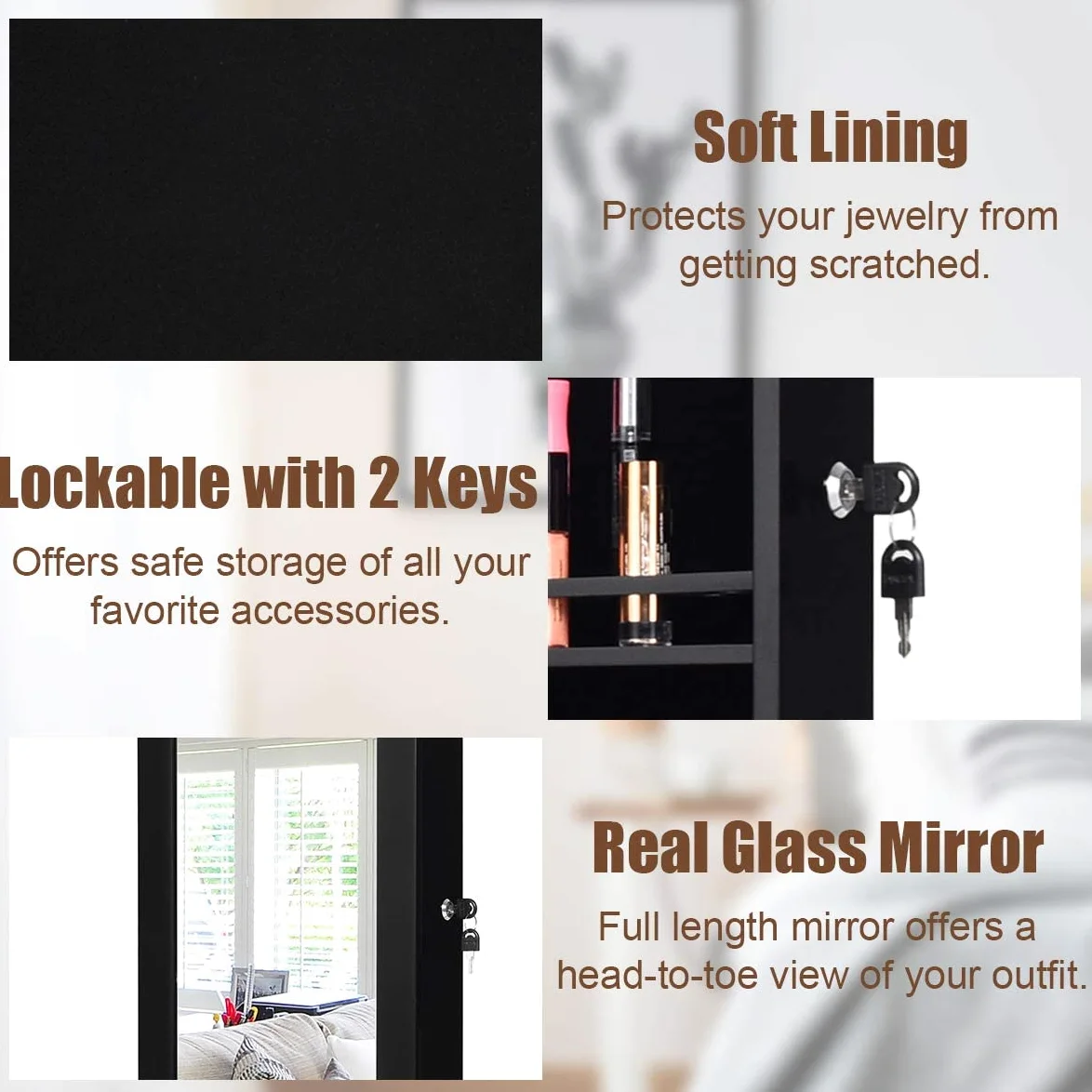 GOPLUS 2 en 1 Armoire à Bijoux avec Miroir, Organisateur de Bijoux Mural avec Lumières LED Automatiques, Armoire de Rangement Cosmétiques Verrouillable pour Chambre, Vestiaire (Noir)