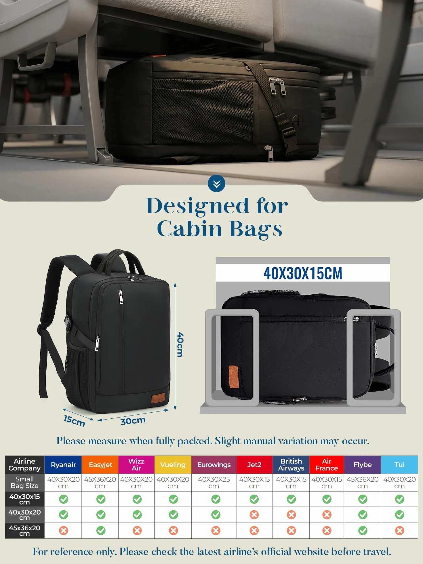 Lossga Bagage Cabine Sac 40x30x15 Sac a Dos Voyage Avion Valise Travel Bag
