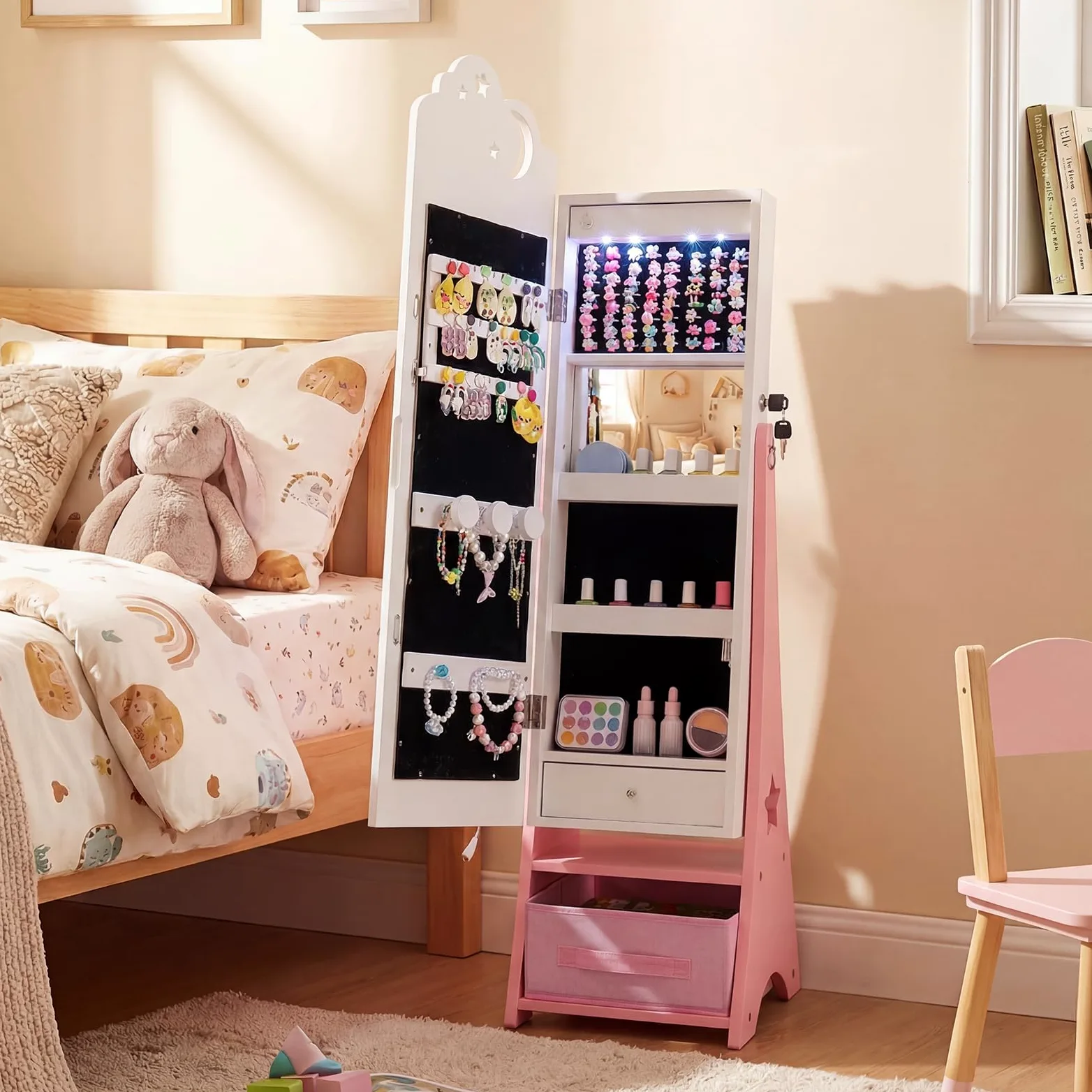 FANTASK Armoire à bijoux pour enfants - Armoire miroir avec éclairage LED et miroir complet - Verrouillable - Organiseur de bijoux inclinable avec miroir intérieur et tiroirs - Pour chambre d'enfant