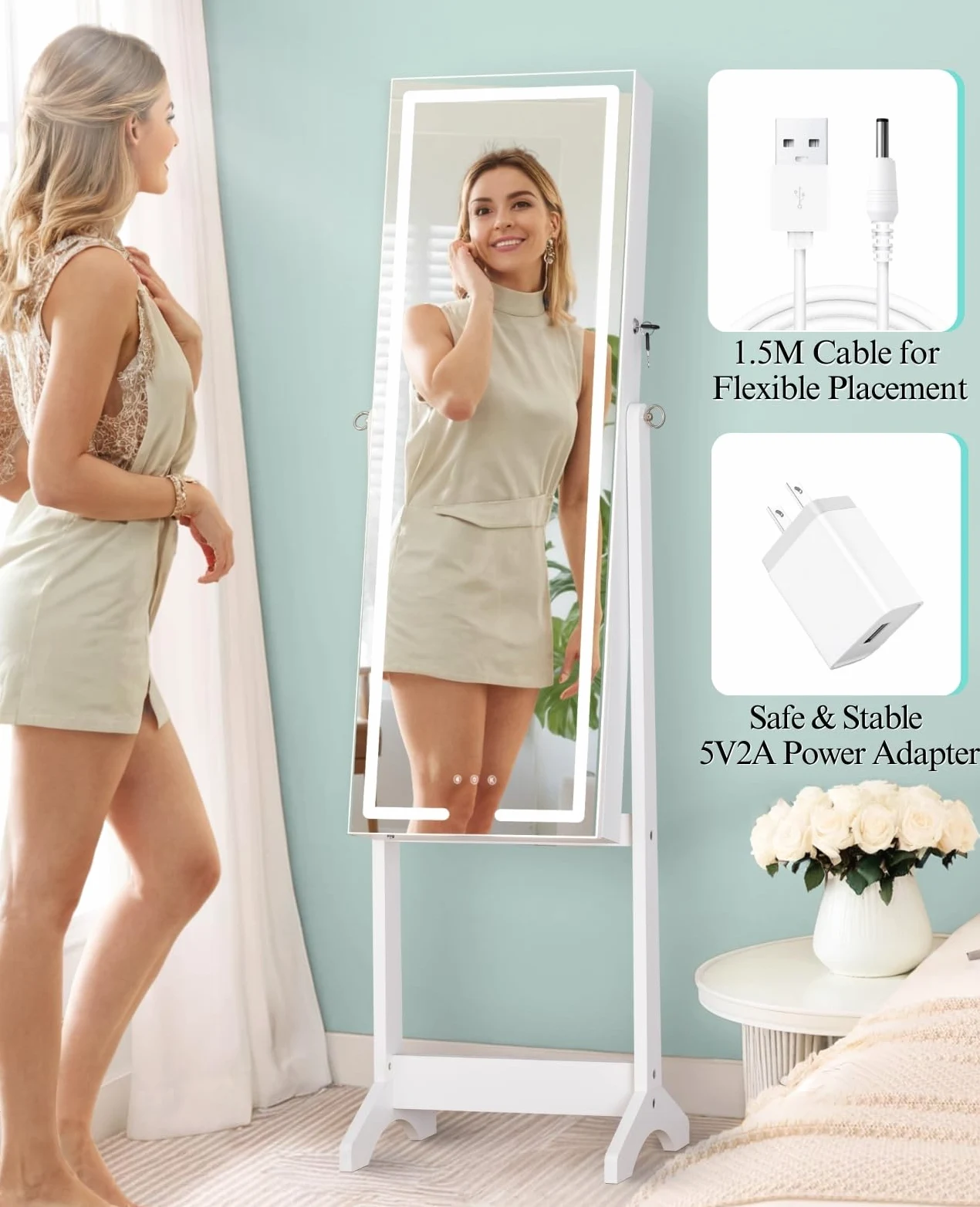 LUXFURNI Miroir LED sur pied, armoire à bijoux, miroir pleine longueur avec rangement de bijoux, 3 modes de couleur, 3 angles réglables, miroir de rangement verrouillable, blanc