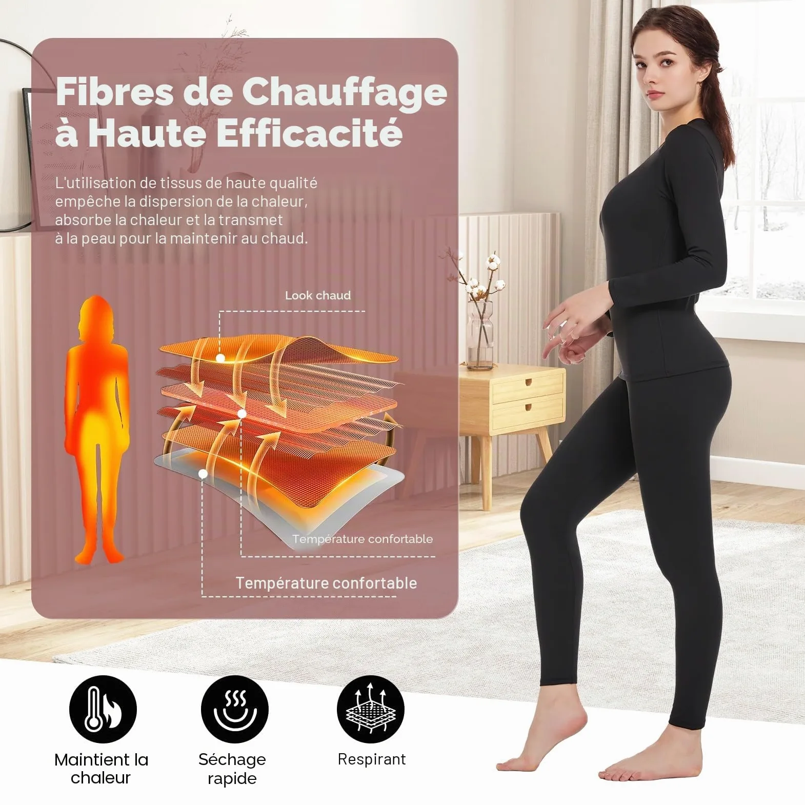 TBoonor Vêtements Thermiques pour Femmes, sous-vêtements Respirants et Fonctionnels, de Ski avec Doublure en Polaire – Ensemble Thermique Ultra Doux pour l’Hiver, Idéal pour la Maison et Le Sport