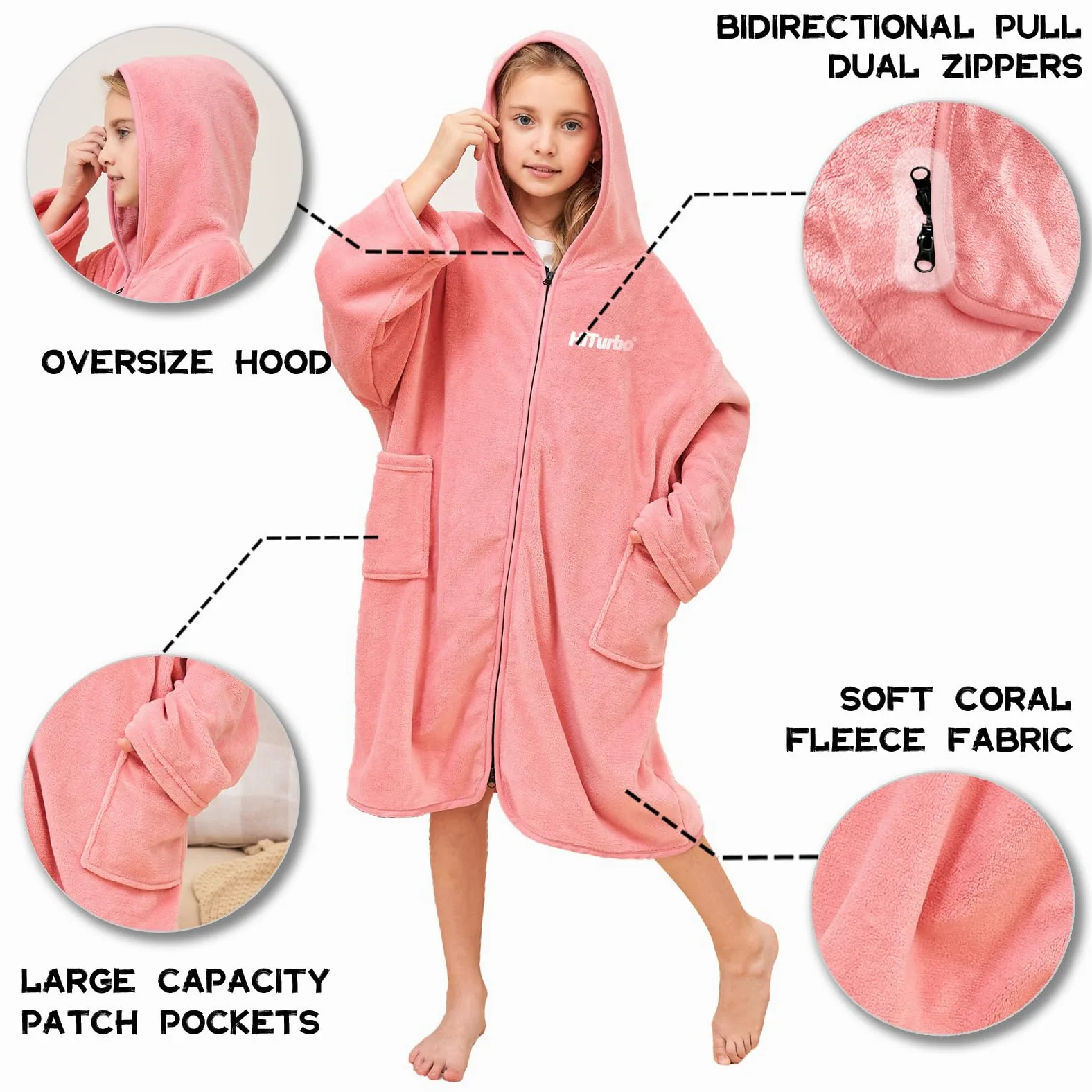 Hiturbo Peignoir à capuche pour enfants : peignoir de bain à fermeture éclair pour natation, plage, surf, maison