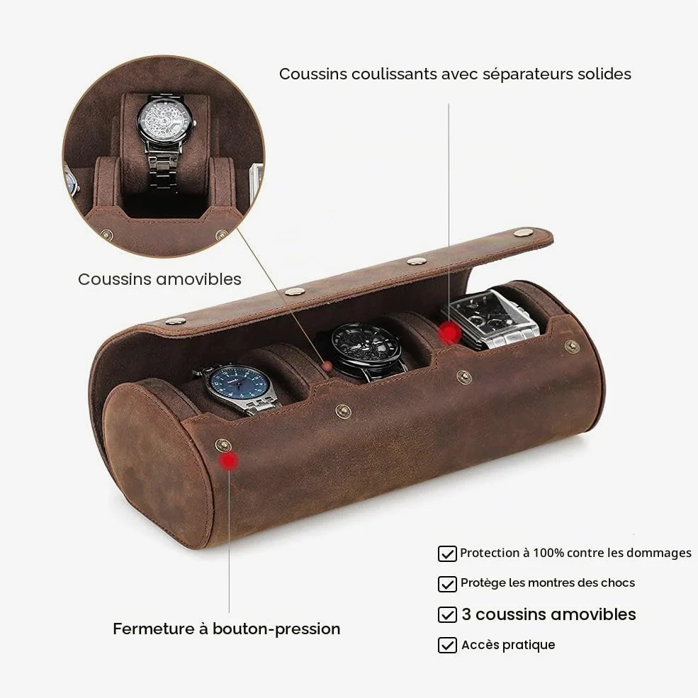 Contacts Étui de voyage en cuir véritable pour homme et femme, boîte de rangement de montre, pochette de protection à 3 emplacements pour montre