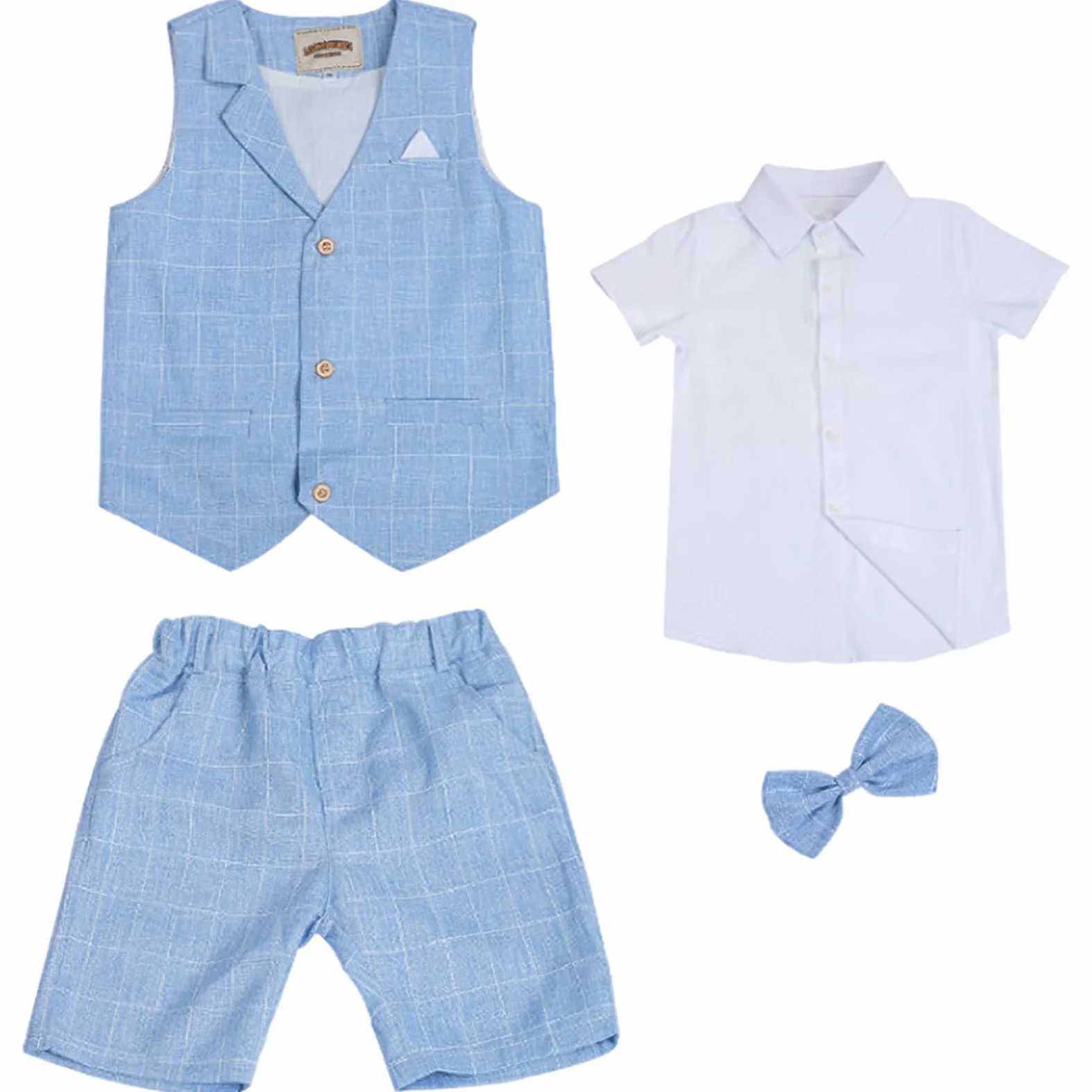 4 pièces Garçons Été Shorts Costumes Ensemble Coupe Ajustée Gilet Chemise Shorts Nœud Papillon Tenue Vêtements