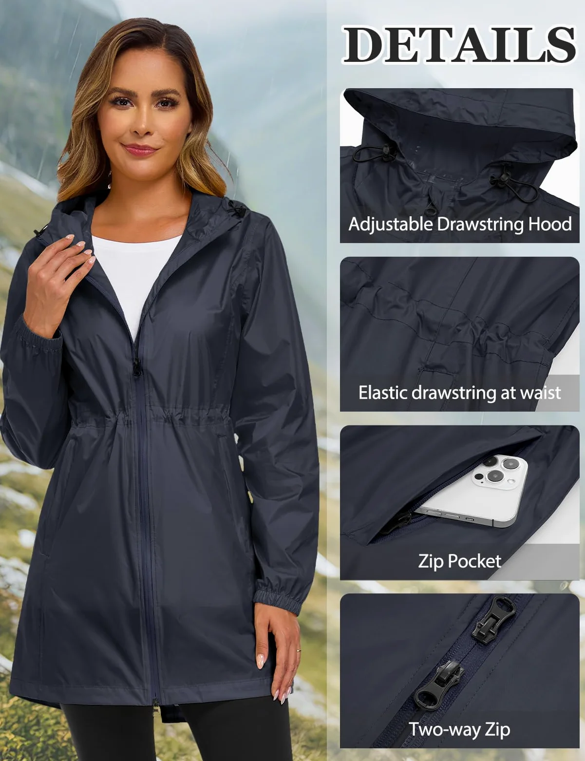 Vancavoo Veste Imperméable Femme Chic Long Manteau de Pluie Coupe Vent avec Capuche Poncho avec Poche