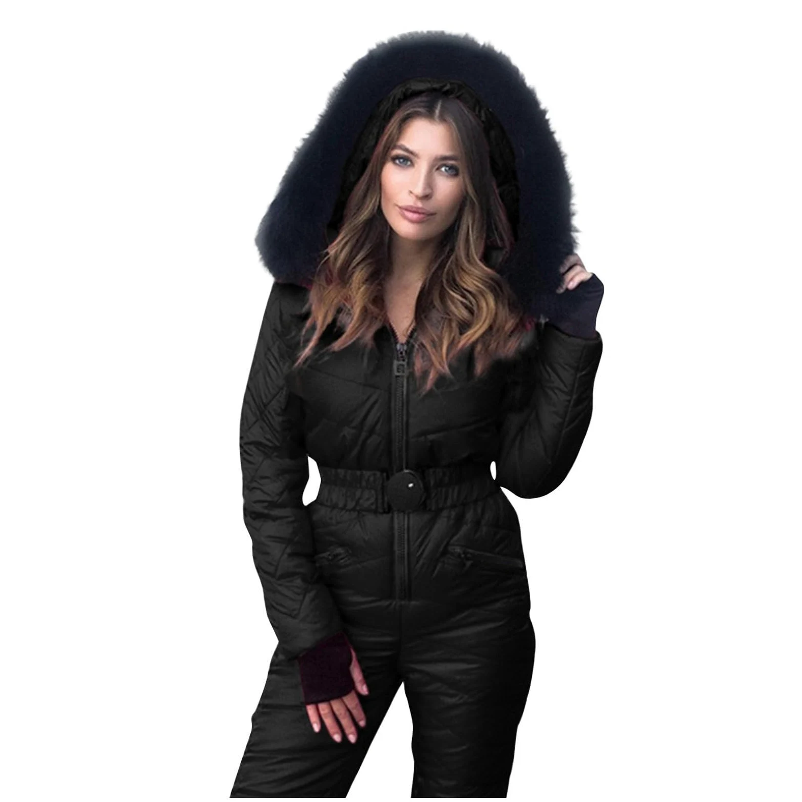 YAOJIWANG Combinaison de Ski pour Femme Une Pièce Combinaison Thermique Coupe-Vent Tenue Chic et Élégant Sweat avec Capuche Poches Vêtements de Extérieur pour Snowboard Ski Randonnée Sports