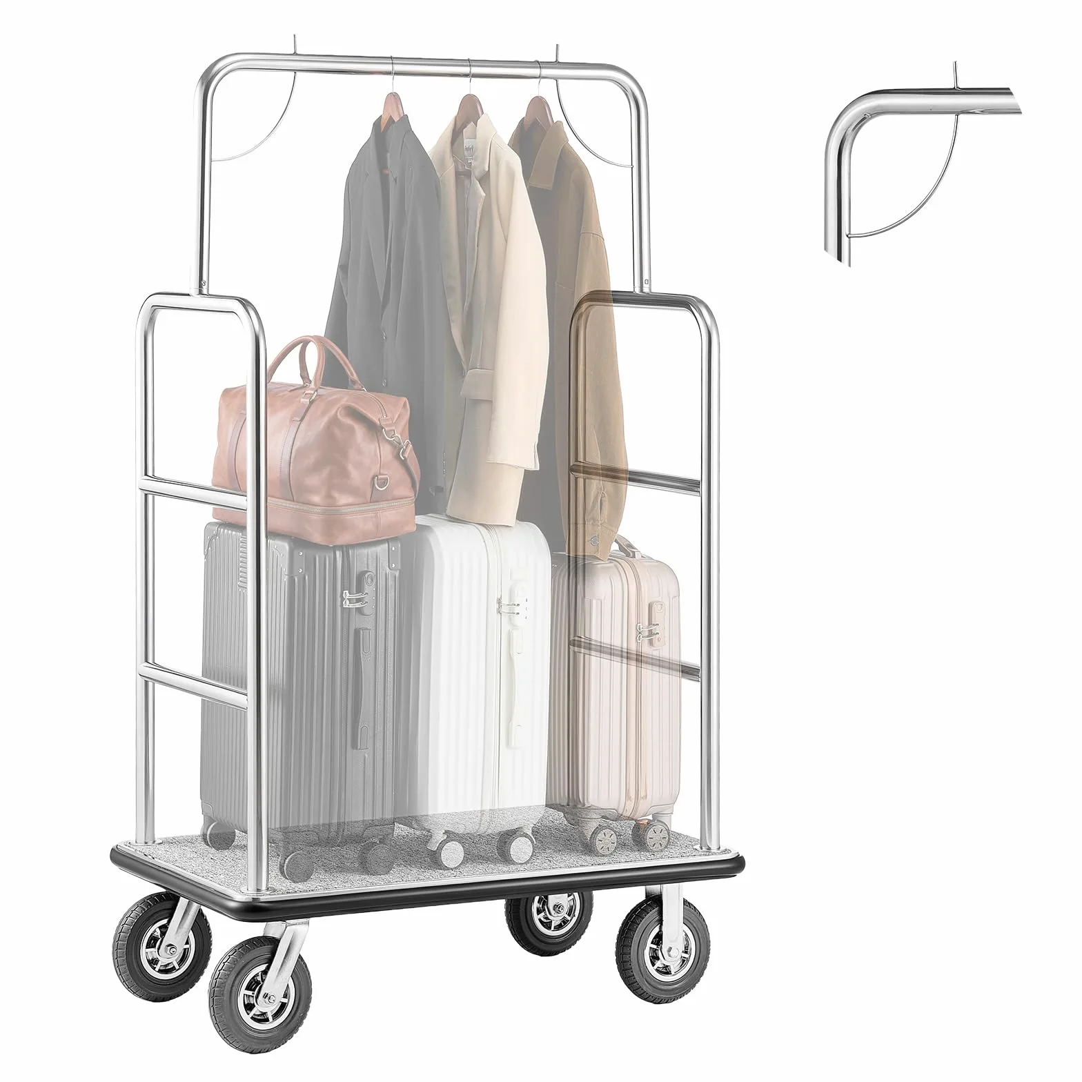 VEVOR Chariot à Bagages Hôtel, 544 kg, Chariot à Plate-Forme de Concierge, Finition INOX Brossé, avec Moquette Grise, Roues Caoutchouc 20,32 cm, Porte-Bagages pour Hôtels, Condos, Complexes Hôteliers