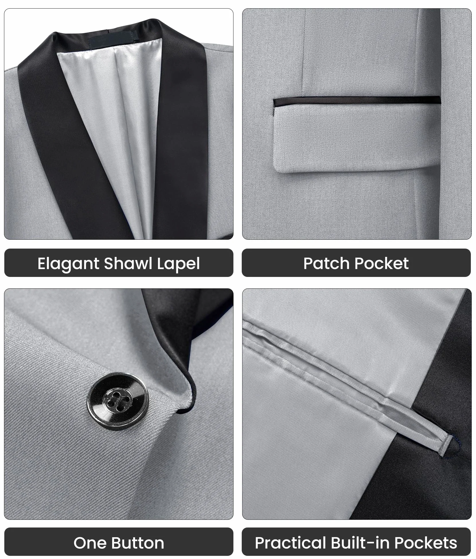 Blazer Homme Slim Fit 1 Bouton Revers Châle Veste de Costume Élégante pour Mariage Business Cérémonie Soirée