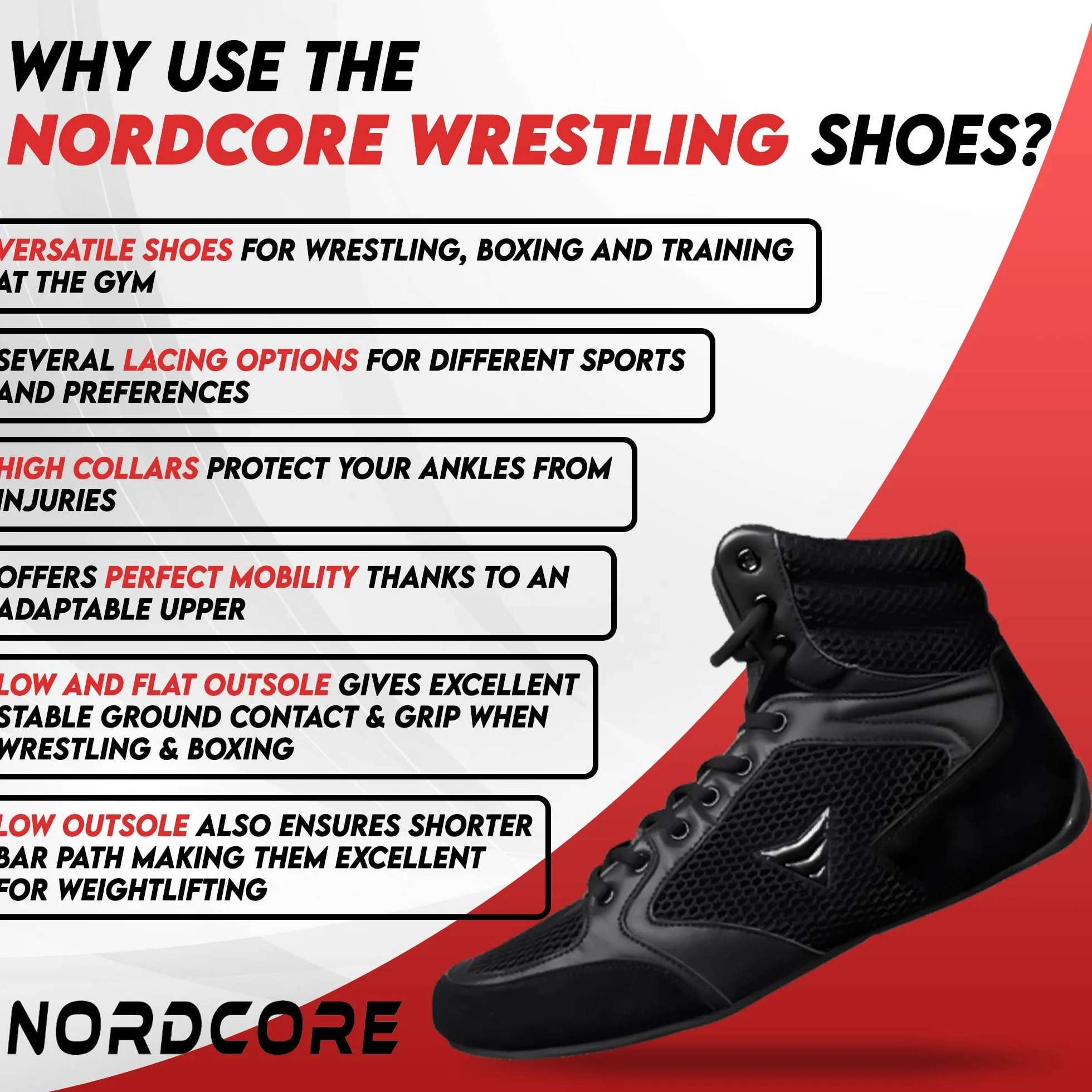 Nordcore Chaussure de Lutte Mat Ace - Chaussure de Boxe Légères pour Arts Martiaux – Chaussures Haltérophilie à Haute Traction pour Hommes et Femmes – Wrestling Shoes