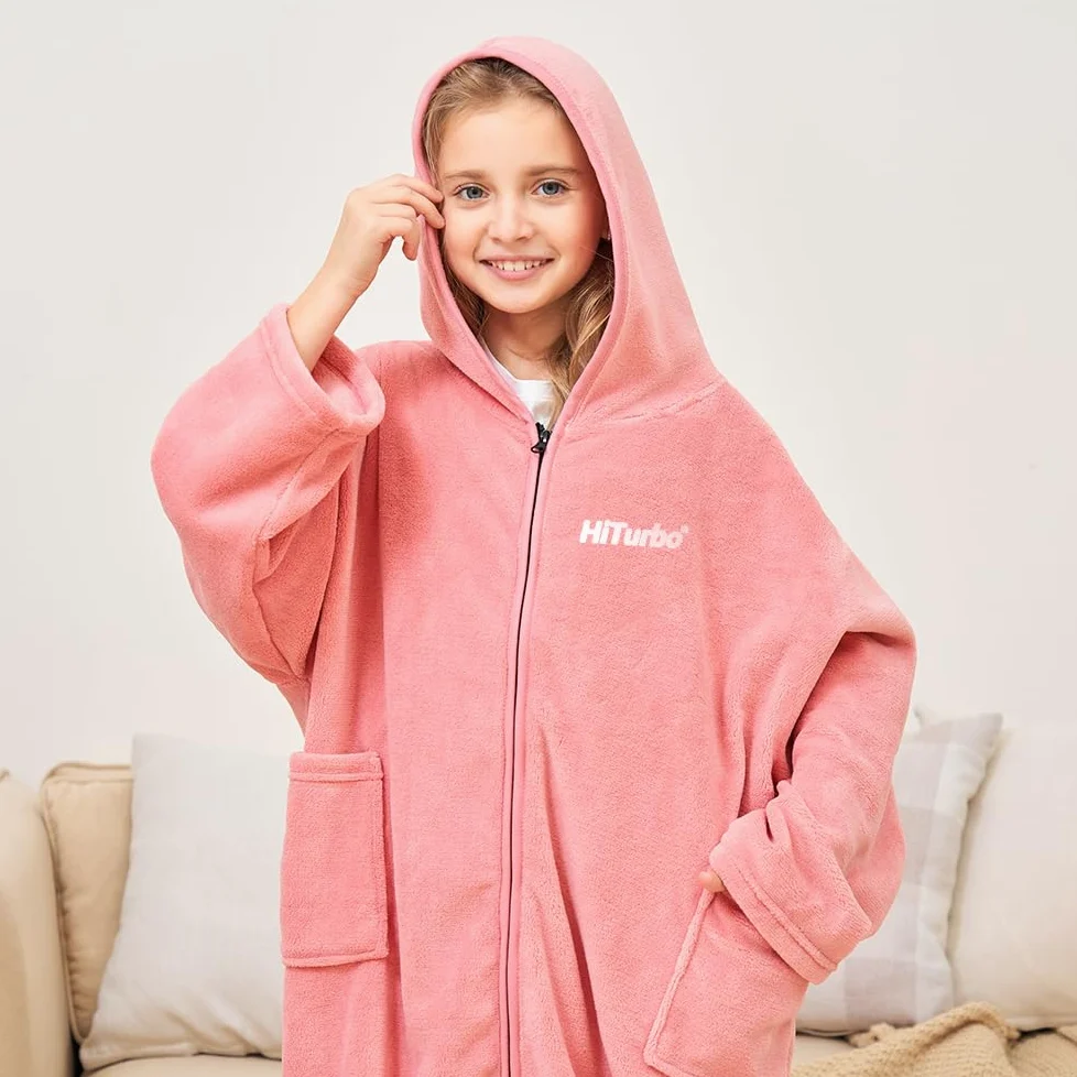 Hiturbo Peignoir à capuche pour enfants : peignoir de bain à fermeture éclair pour natation, plage, surf, maison