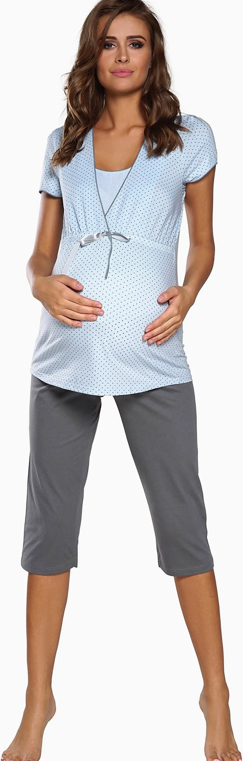 Italian Fashion Pyjama Femme Enceinte | Pyj' Allaitement Coton | Tenue Maternité Accouchement | 2 Pièces avec T-Shirt Manches Courtes & et 3/4 Pantalon | Pyjama Grossesse et Maternité S-XXL