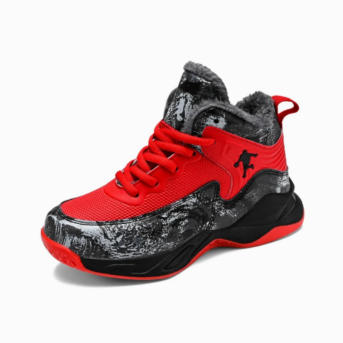 Chaussures de Basketball Enfant Hiver Chaud Fourré Peluche Hautes Semelle Antidérapante PU Baskets Garçons Filles